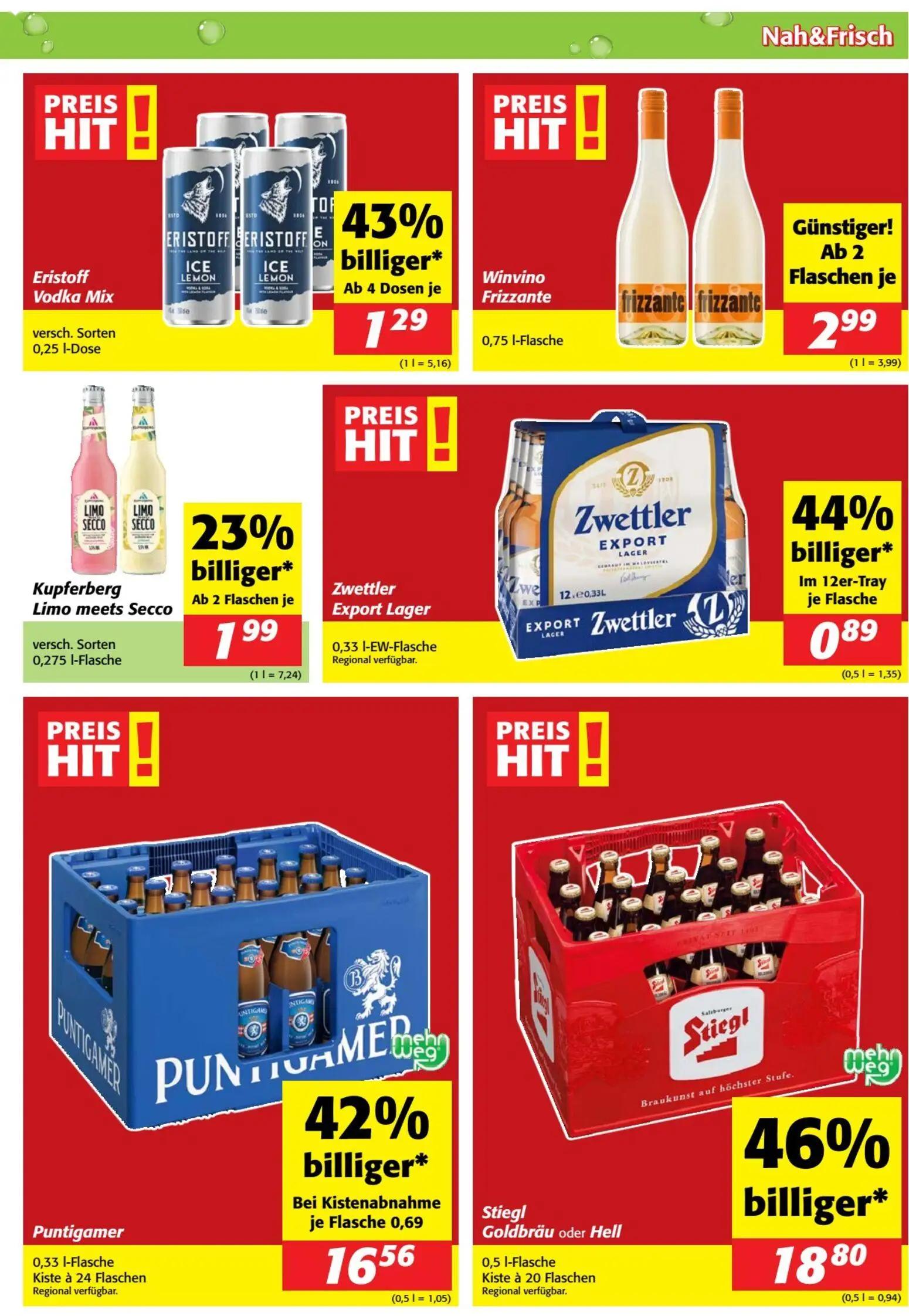 Nah & Frisch Prospekt, Seite 11 von 12 — Stiegl Goldbräu oder Hell, Puntigamer, Eristoff Vodka Mix
