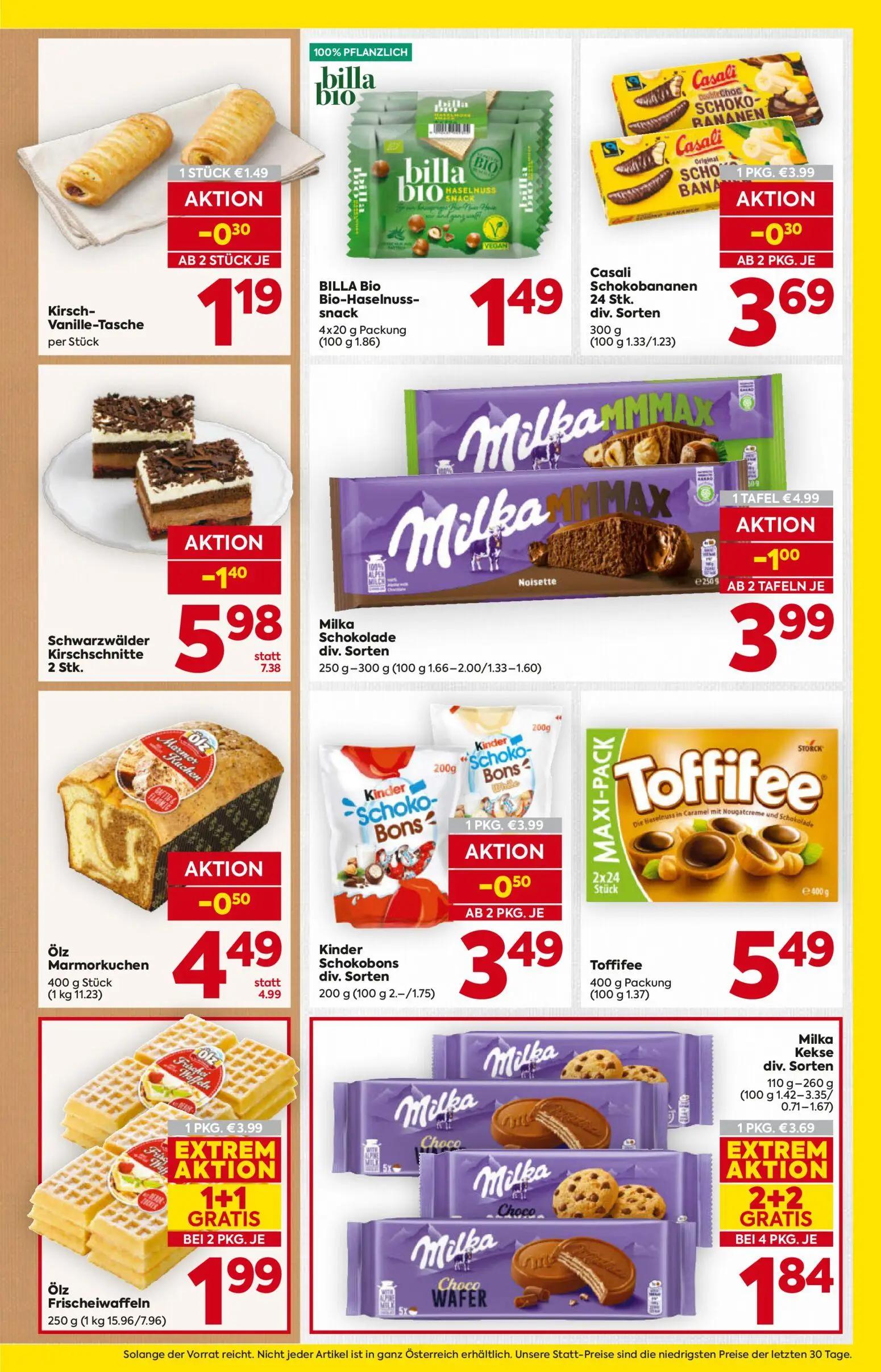 Billa Prospekt, Seite 11 von 16 — Ölz Frischeiwaffeln, Milka Kekse, Schwarzwälder Kirschschnitte