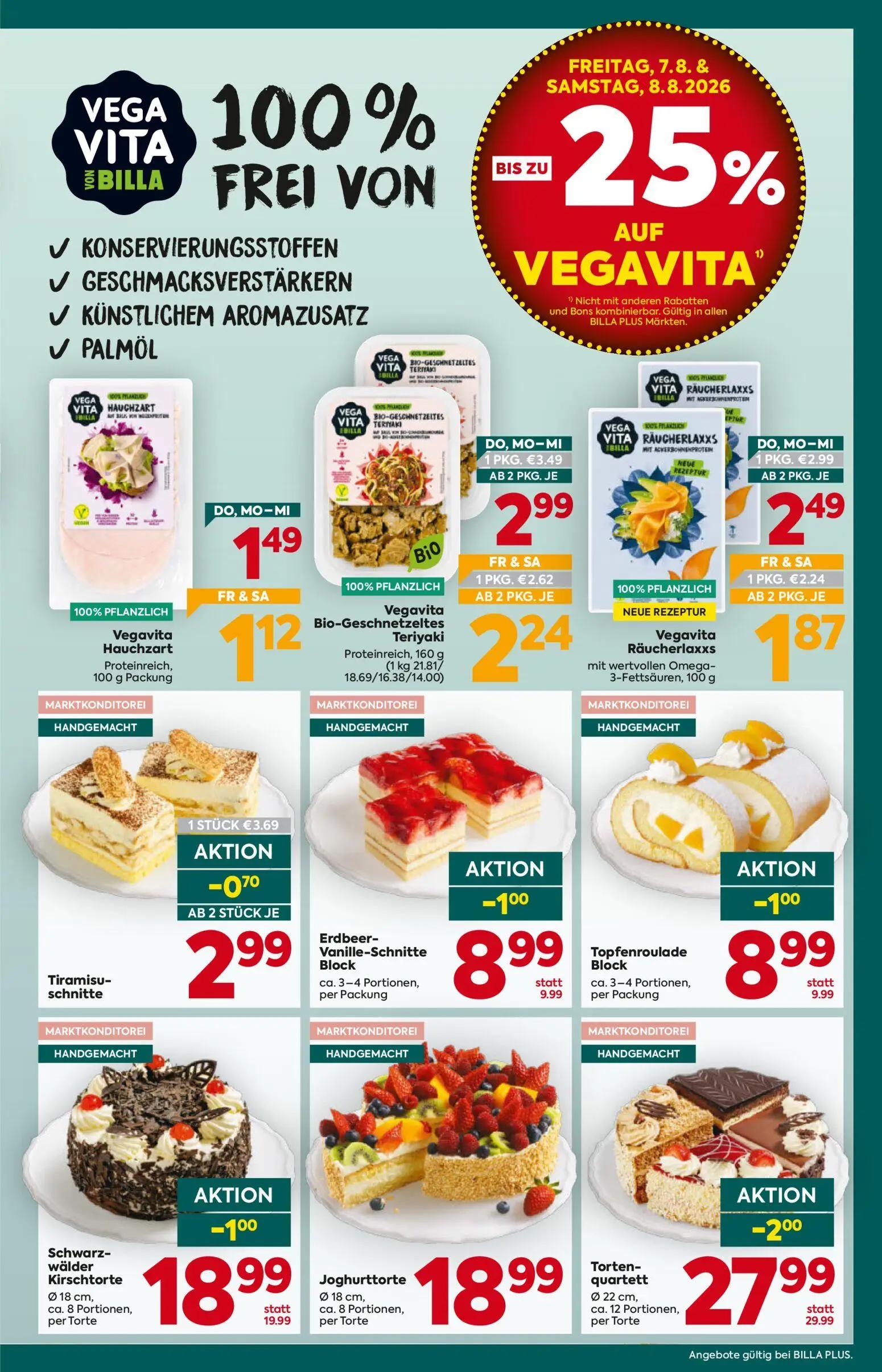 Billa Plus Prospekt, Seite 11 von 16 — Torten-quartett, Vegavita Bio-Geschnetzeltes Teriyaki, Vegavita Räucherlaxxs