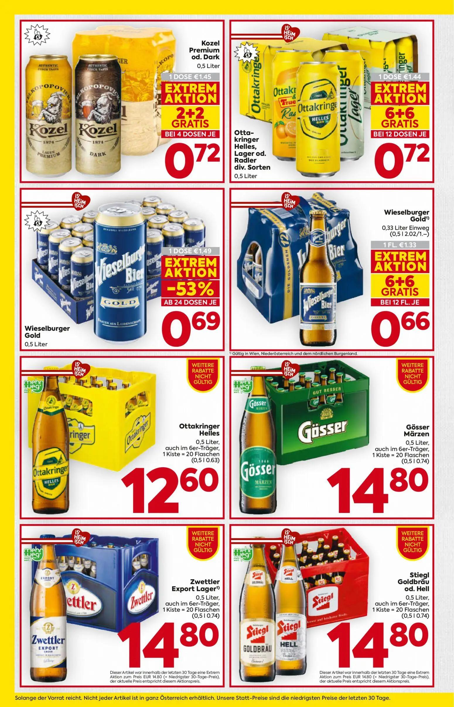 Billa Prospekt, Seite 14 von 16 — Wieselburger Gold, Kozel Premium od. Dark, Ottakringer Helles, Lager od. Radler div. Sorten