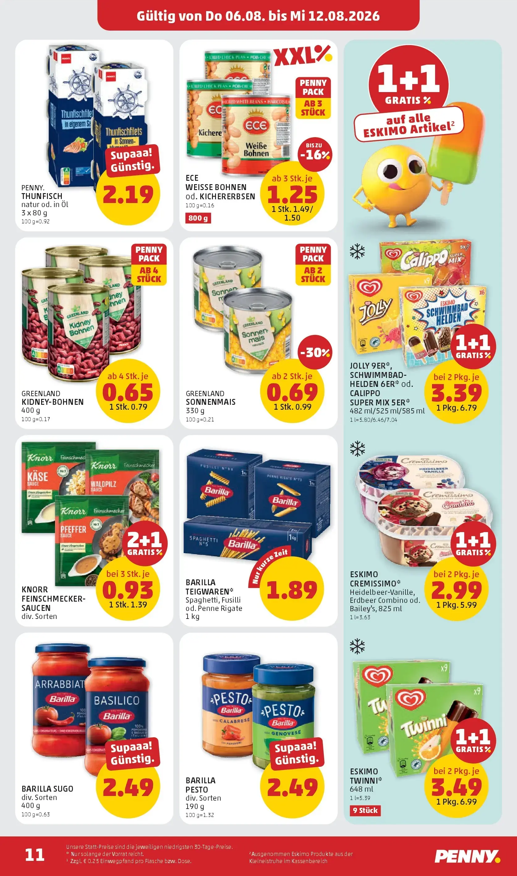 PENNY Prospekt, Seite 11 von 28 — BARILLA TEIGWAREN* Spaghetti, Fusilli od. Penne Rigate, BARILLA SUGO div. Sorten, BARILLA …