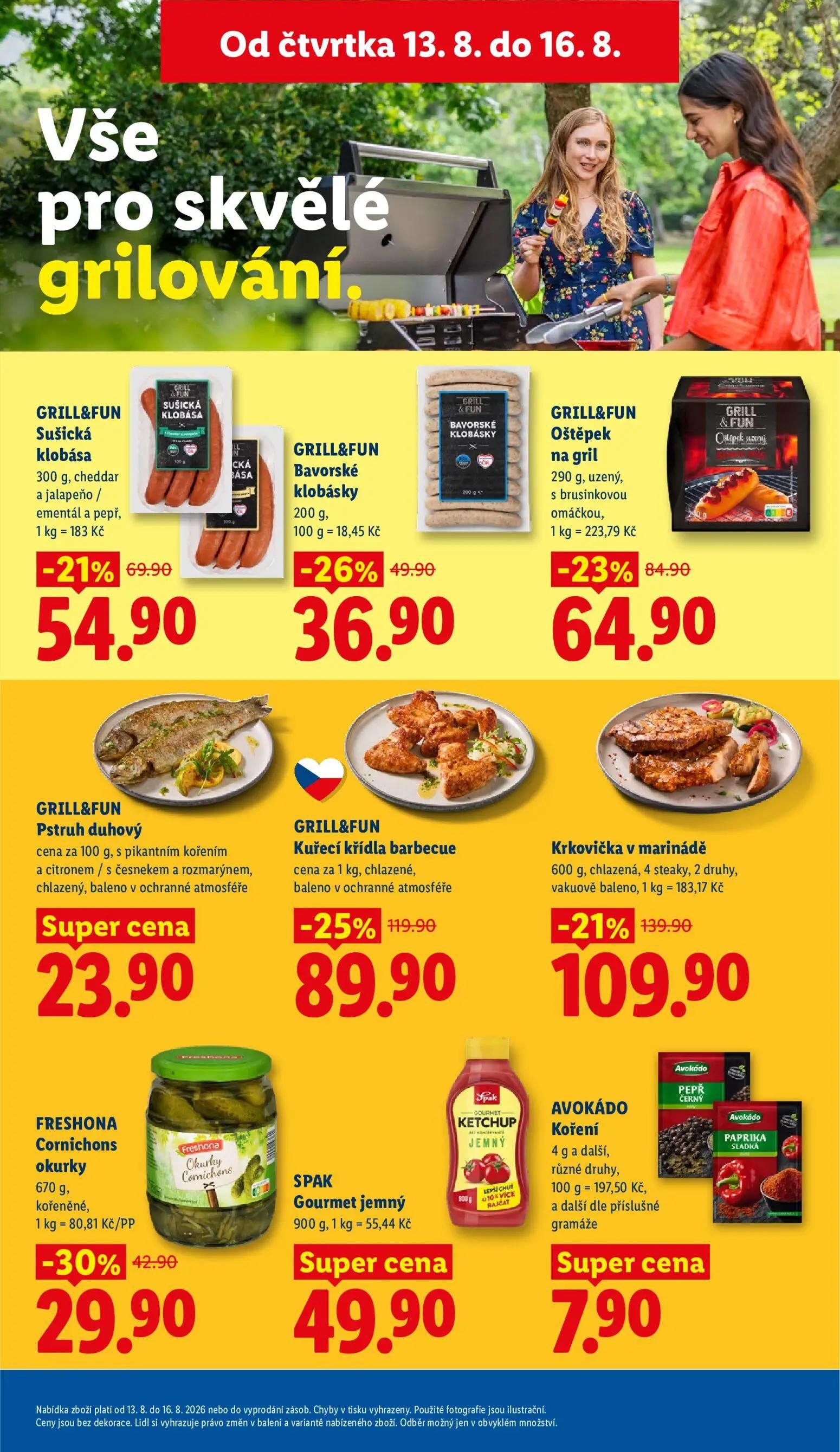 Lidl leták, strana 17 z 52 — GRILL&FUN Kuřecí křídla barbecue, GRILL&FUN Sušická klobása, GRILL&FUN Bavorské klobásky