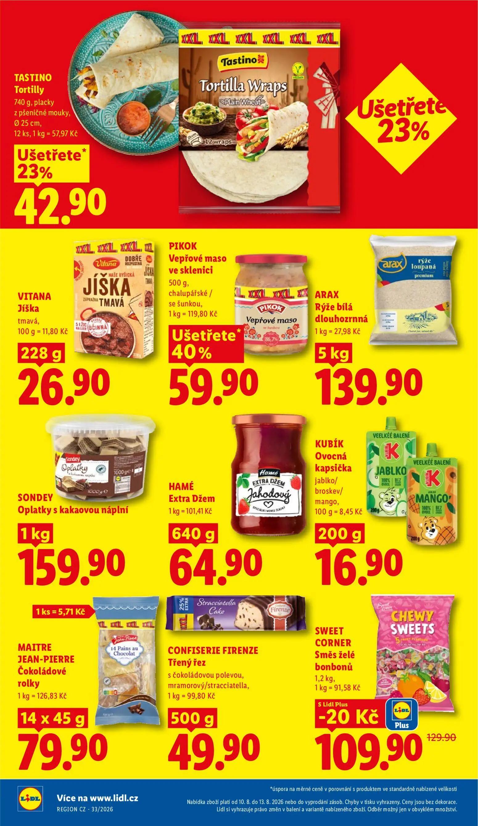 Lidl leták, strana 20 z 44 — VITANA Jíška tmavá, PIKOK Vepřové maso ve sklenici, ARAX Rýže bílá dlouhozrnná