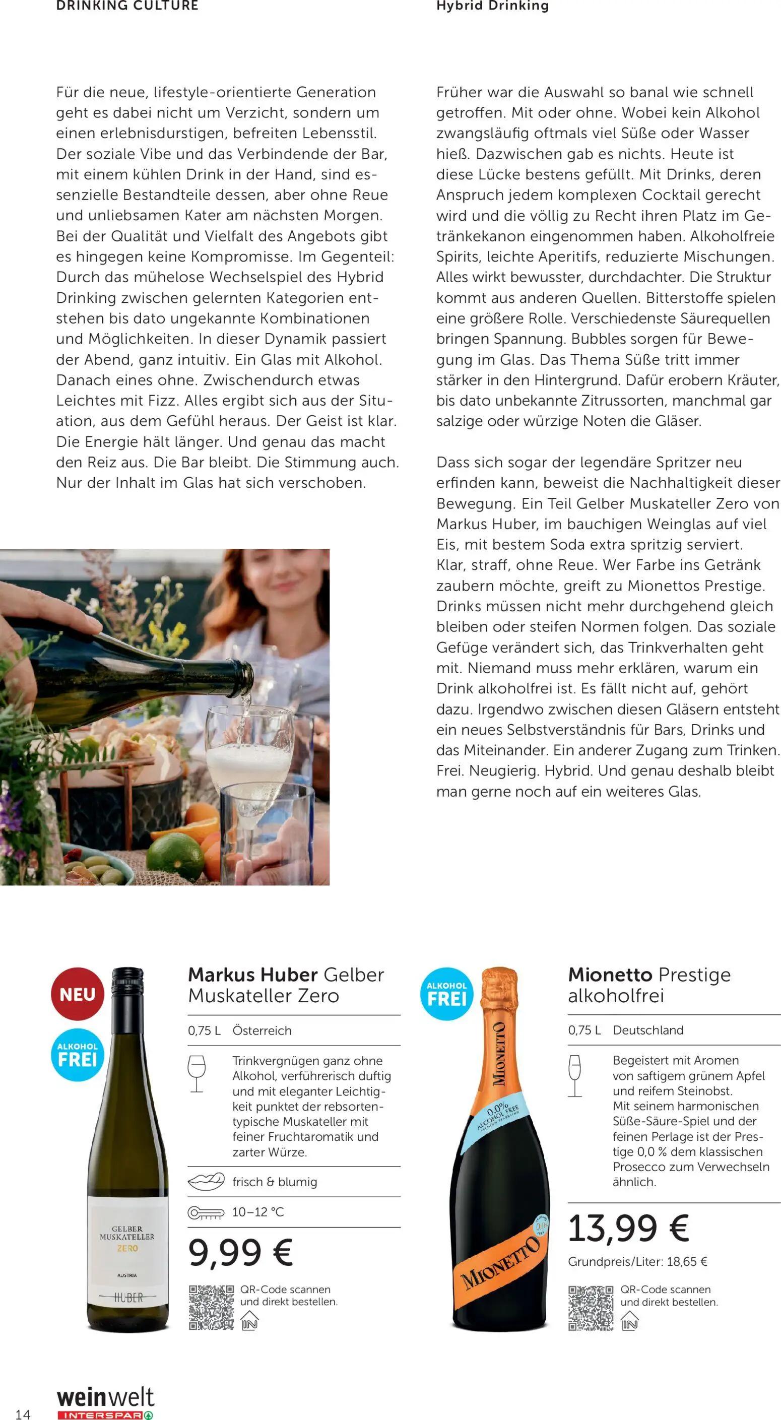 Interspar Prospekt, Seite 14 von 32 — Markus Huber Gelber Muskateller Zero, Mionetto Prestige alkoholfrei