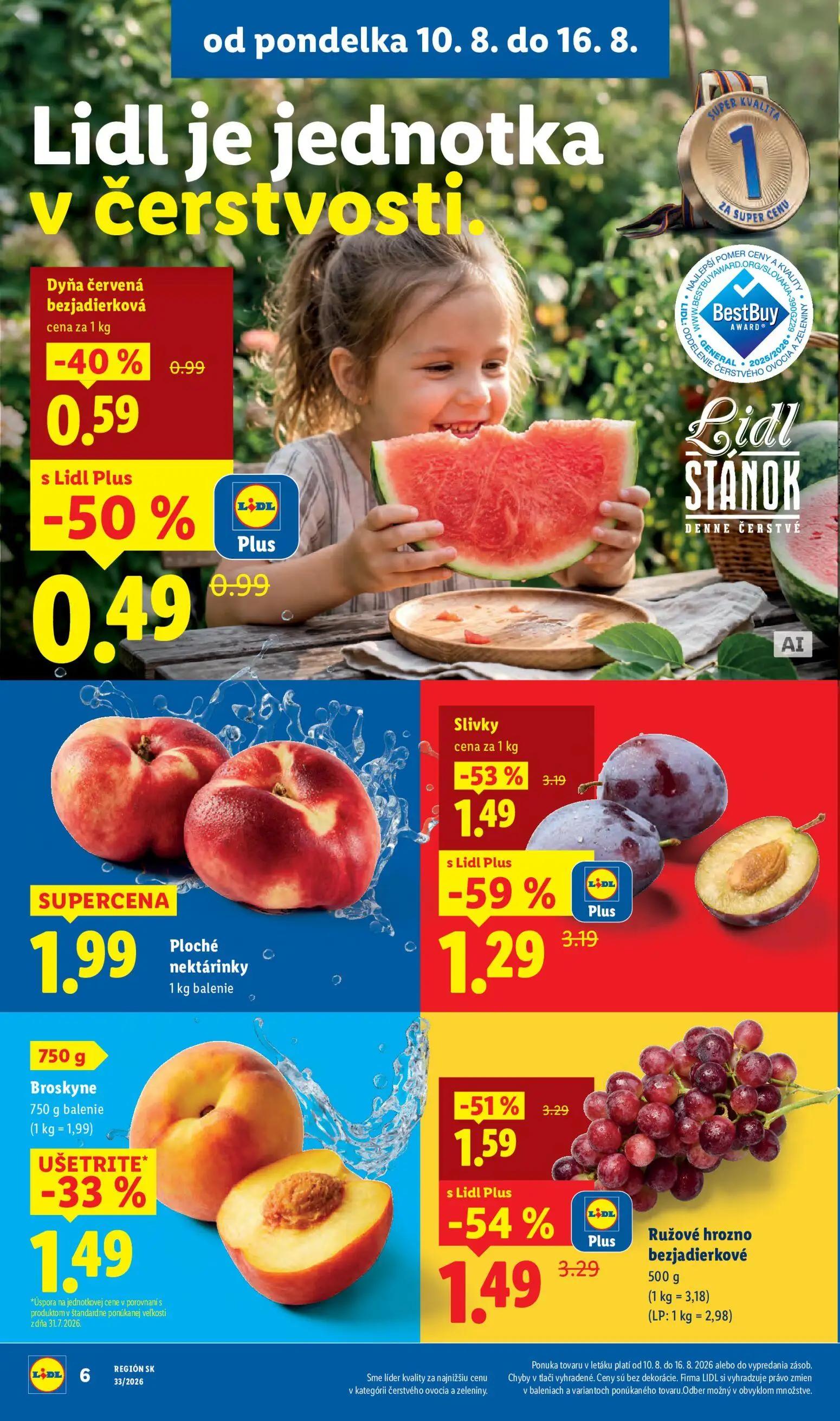Lidl leták, strana 10 z 97 — Slivky, Ružové hrozno bezjadierkové, Broskyne