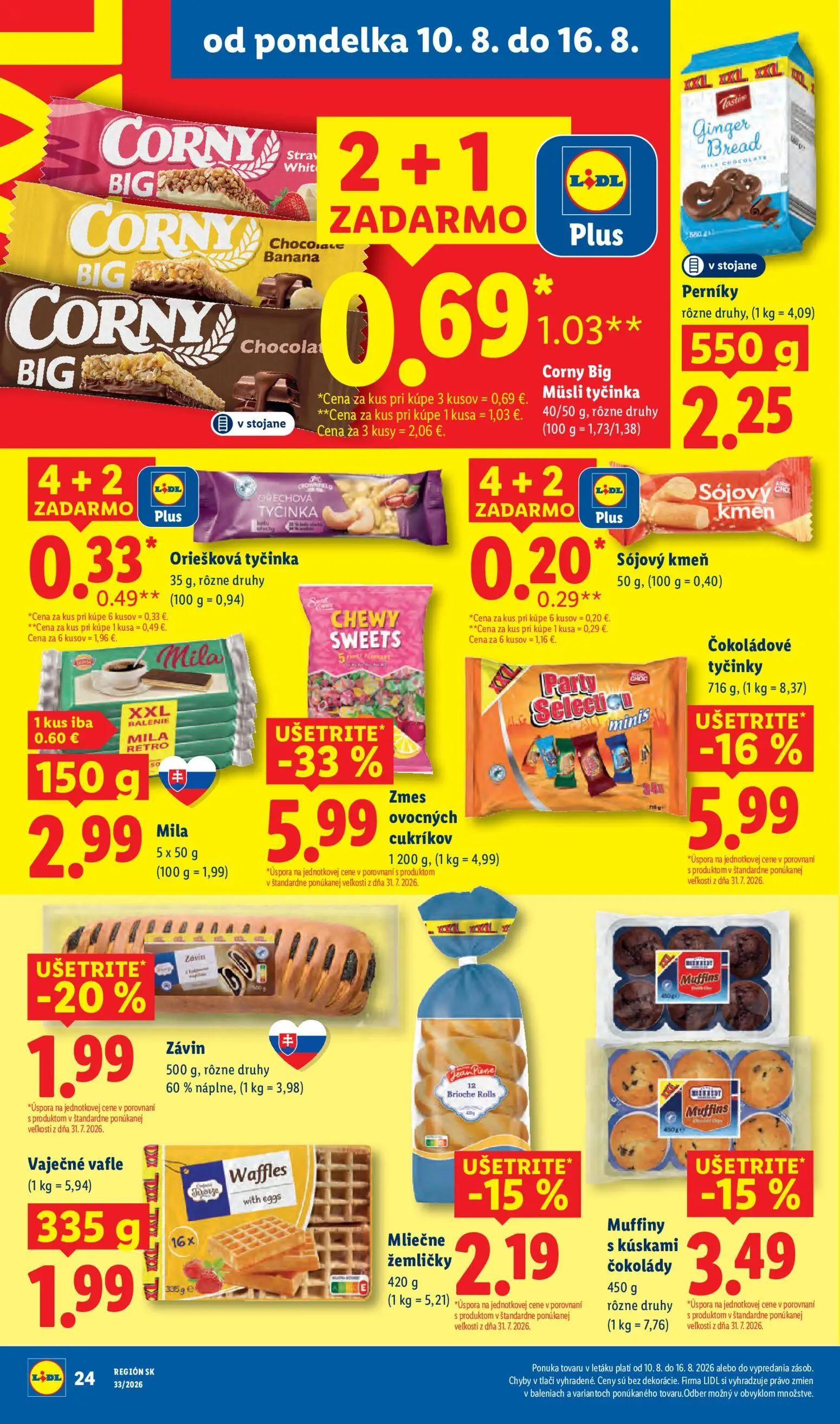 Lidl leták, strana 28 z 97 — Zmes ovocných cukríkov, Čokoládové tyčinky, Muffiny s kúskami čokolády
