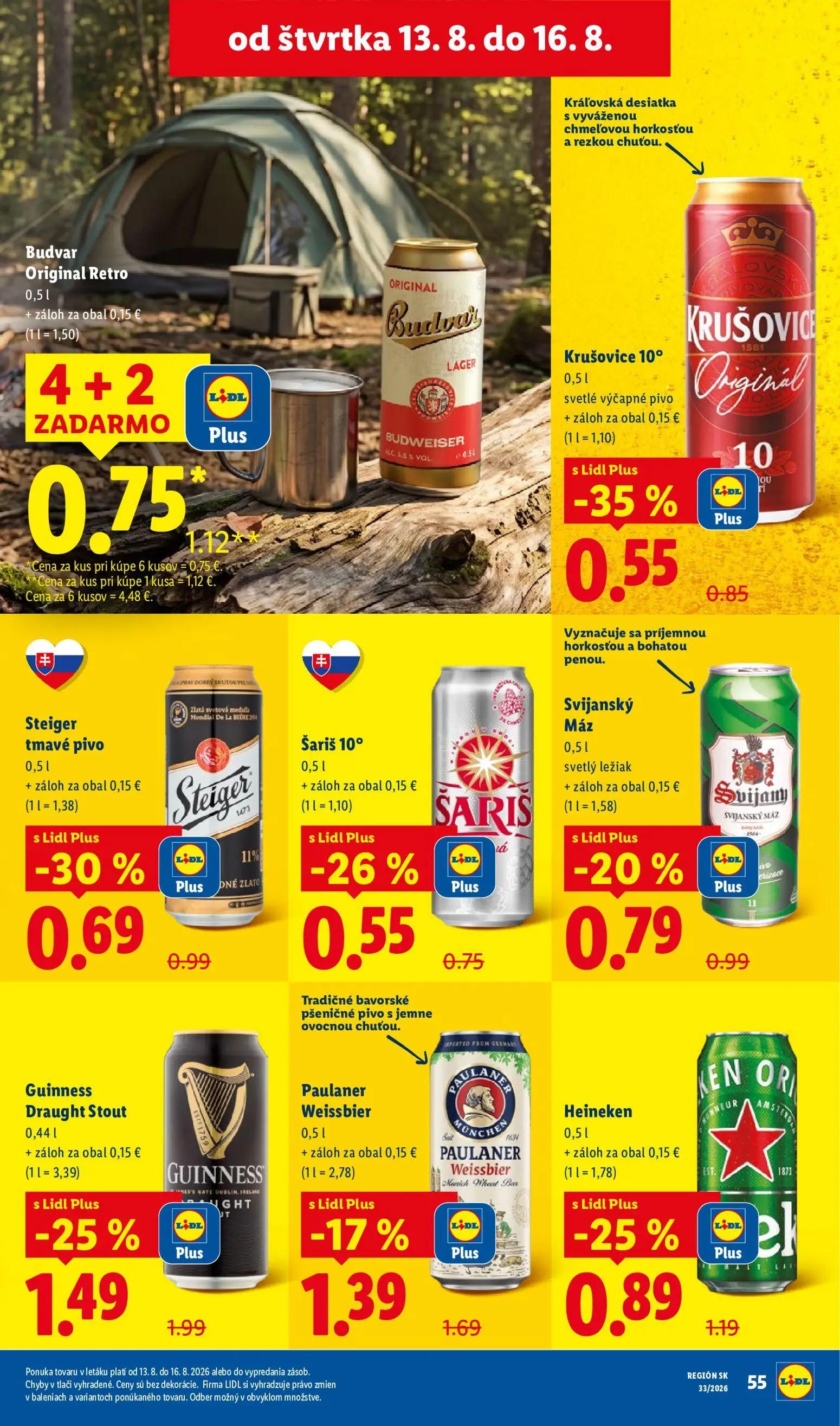 Lidl leták, strana 71 z 97 — Guinness Draught Stout, Budvar Original Retro, Krušovice 10°
