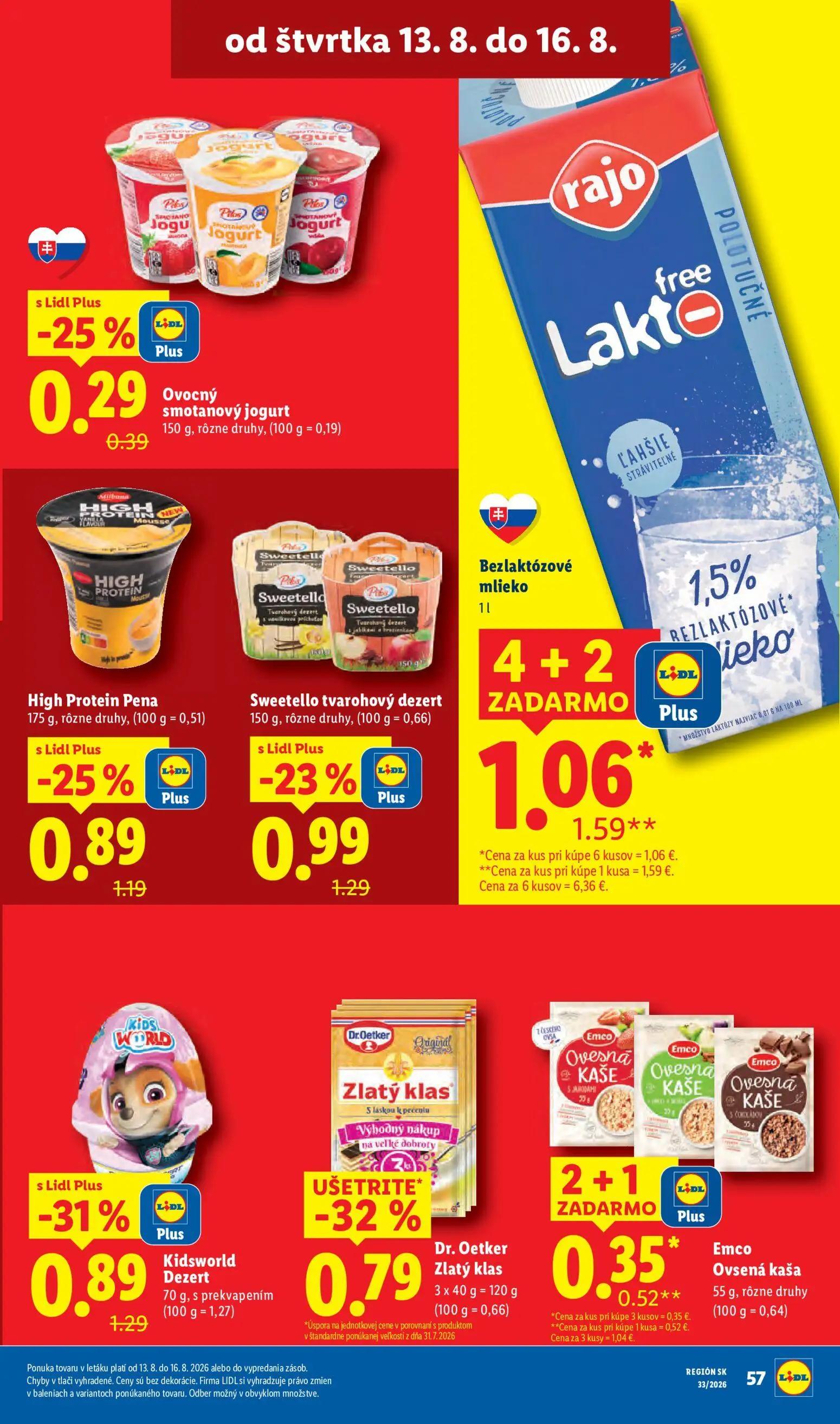 Lidl leták, strana 77 z 97 — Bezlaktózové mlieko, Kidsworld Dezert, Dr. Oetker Zlatý klas