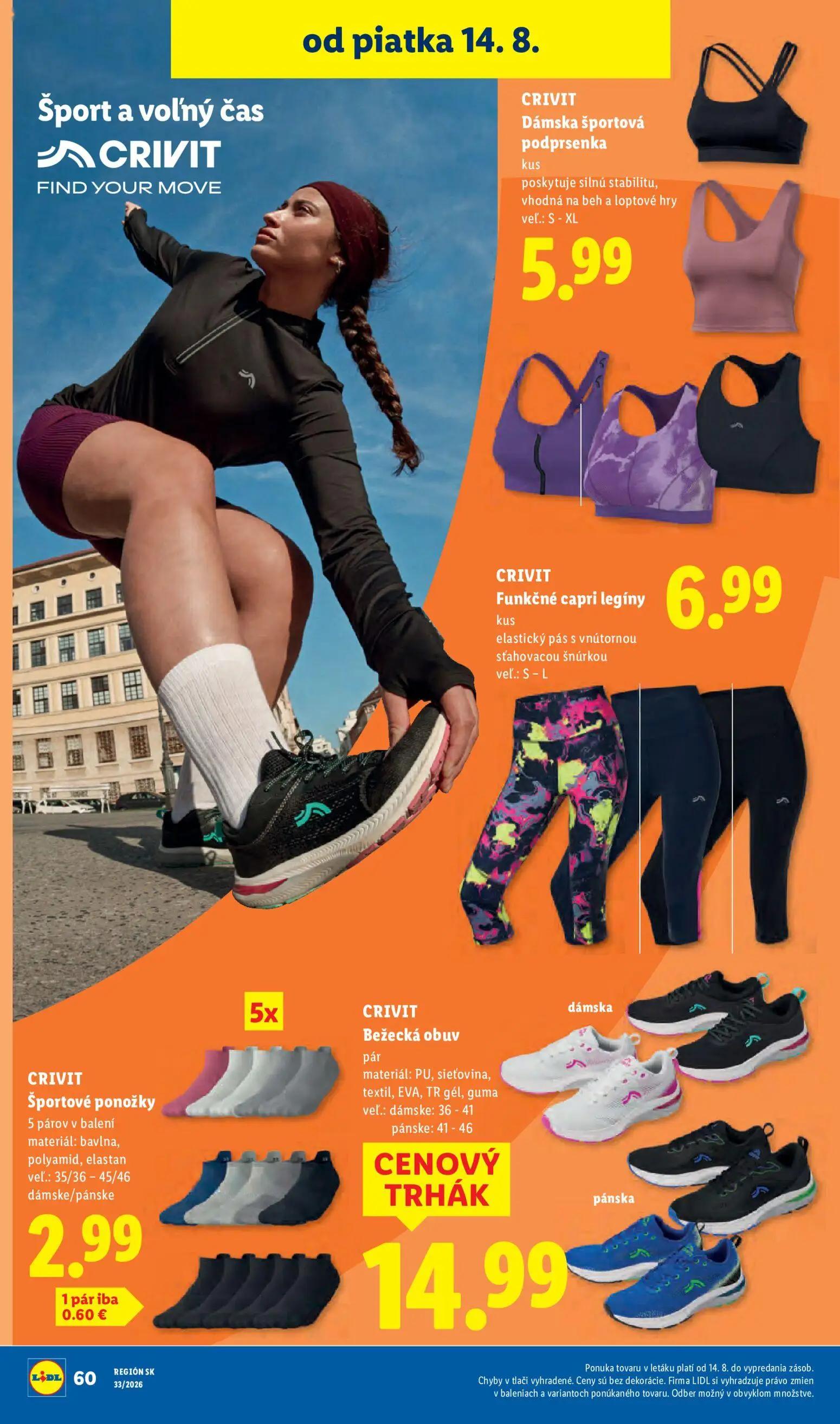 Lidl leták, strana 90 z 97 — Dámska športová podprsenka, Funkčné capri legíny, Športové ponožky