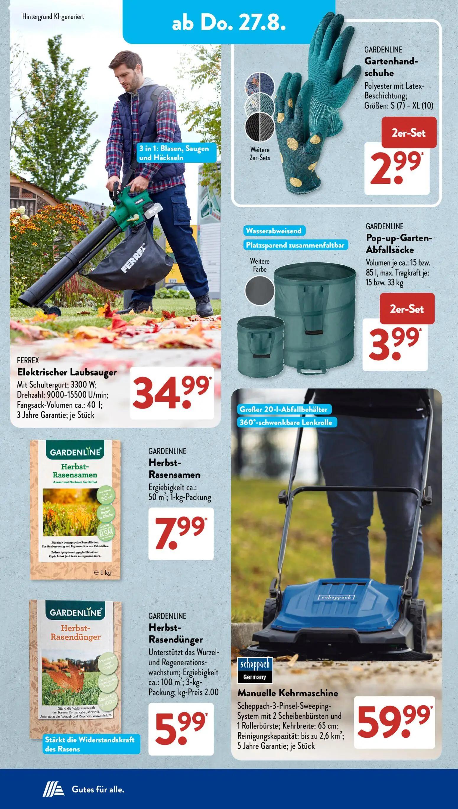 Aldi Süd Prospekt, Seite 8 von 23 — Gartenhandschuhe, Elektrischer Laubsauger, Pop-up-Garten-Abfallsäcke