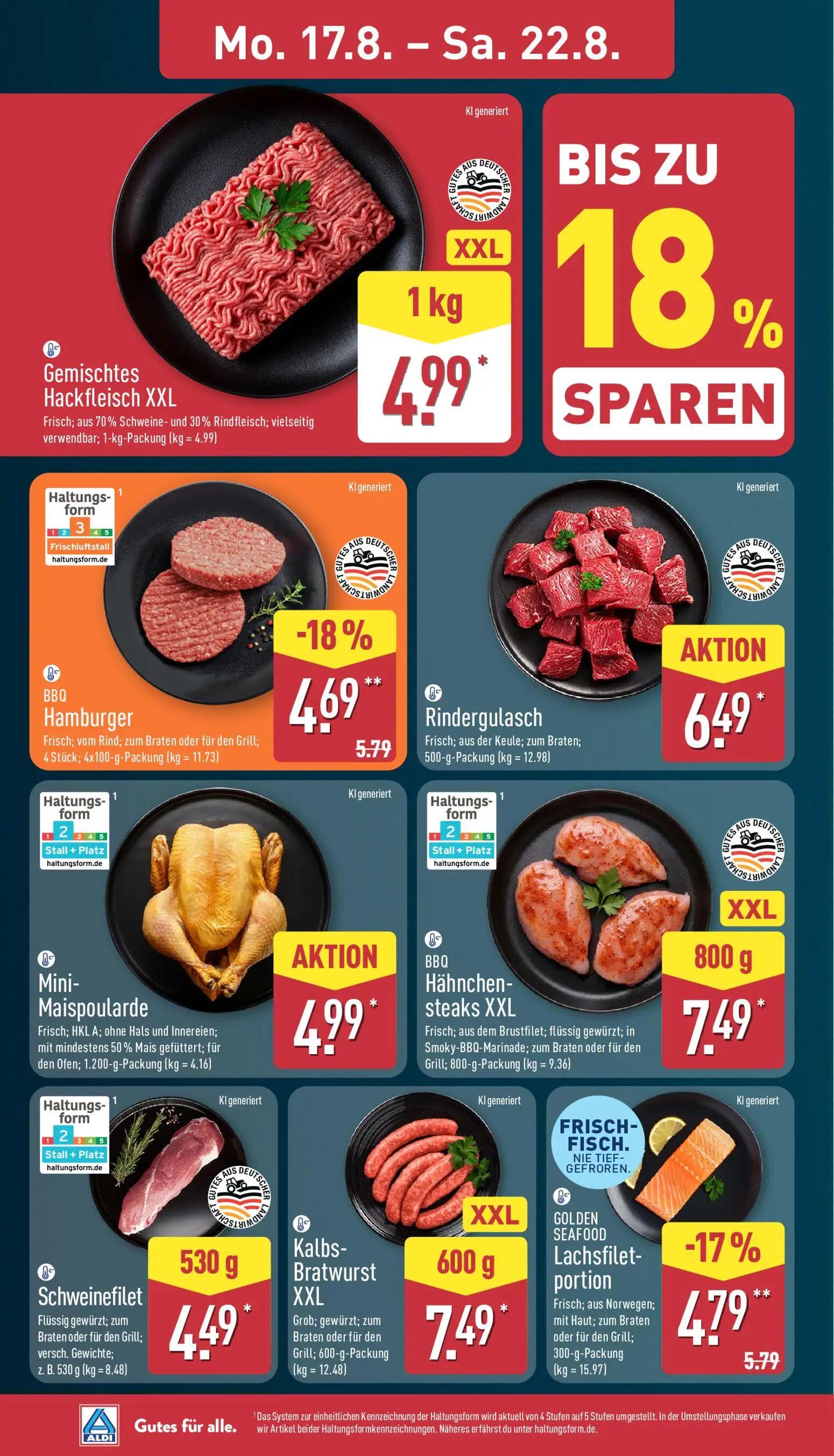 Aldi Nord Prospekt, Seite 4 von 39 — BBQ Hamburger, Gemischtes Hackfleisch XXL, Kalbs-Bratwurst XXL