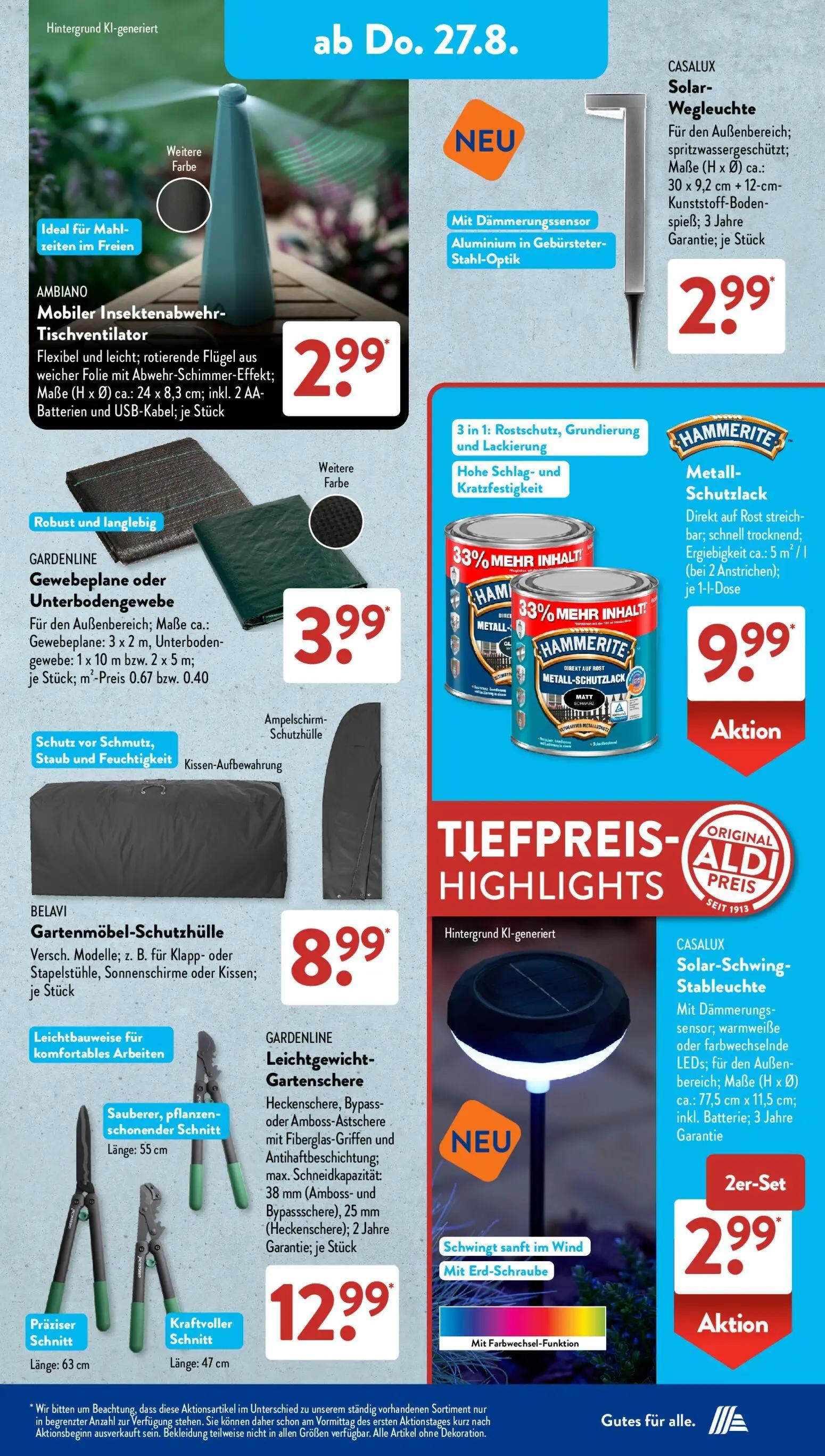 Aldi Süd Prospekt, Seite 9 von 23 — Solar-Wegleuchte, Mobiler Insektenabwehr-Tischventilator, Gewebeplane oder Unterbodengew…