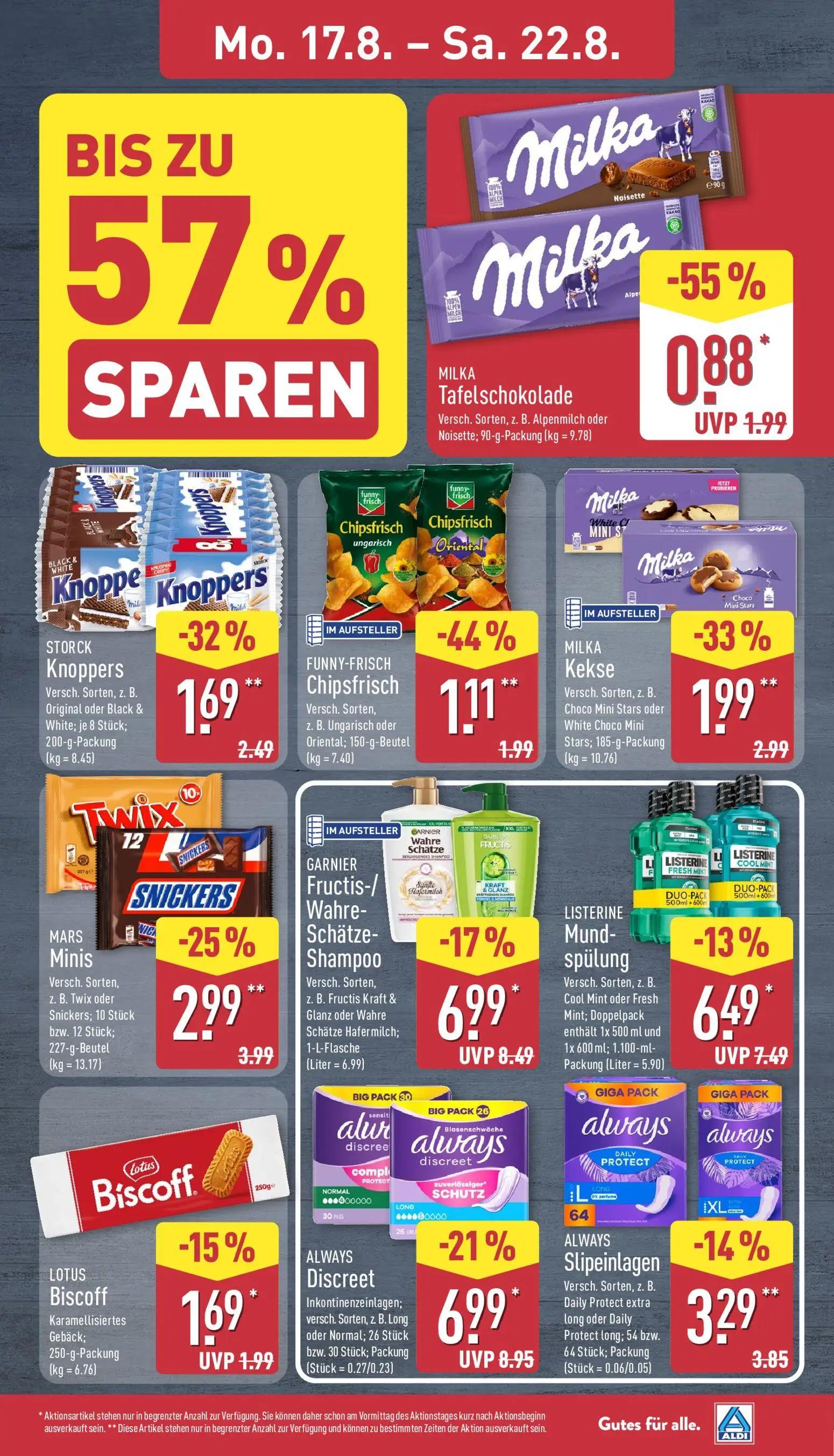 Aldi Nord Prospekt, Seite 7 von 39 — MILKA Tafelschokolade, MILKA Kekse, FUNNY-FRISCH Chipsfrisch