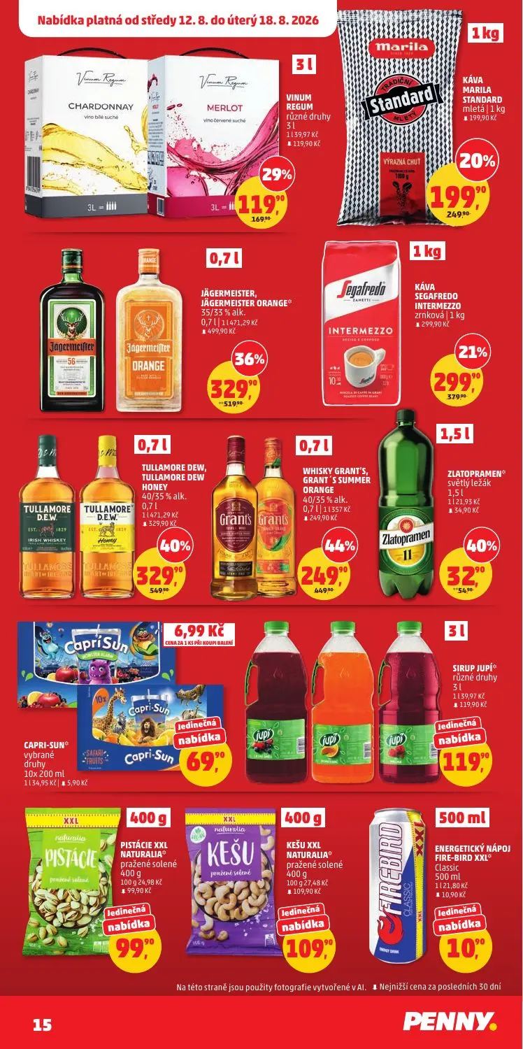 PENNY leták, strana 15 z 36 — TULLAMORE DEW, TULLAMORE DEW HONEY, WHISKY GRANT'S, GRANT'S SUMMER ORANGE, JÄGERMEISTER, JÄGER…
