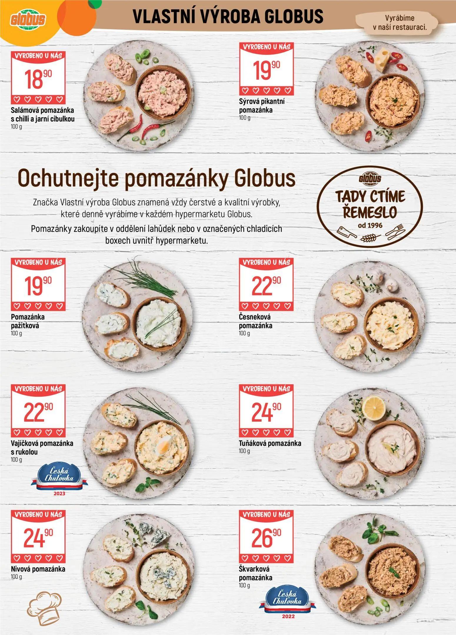 GLOBUS leták, strana 9 z 50 — Salámová pomazánka s chilli a jarní cibulkou, Sýrová pikantní pomazánka, Pomazánka pažitková