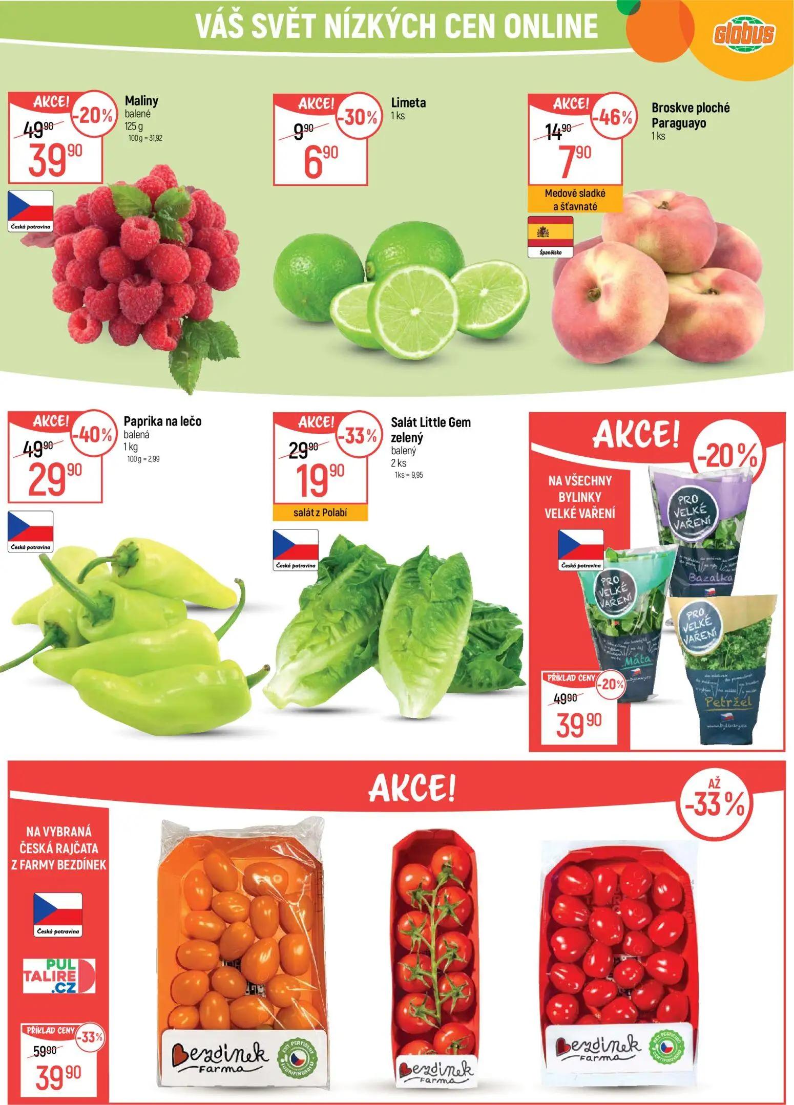 GLOBUS leták, strana 11 z 50 — Paprika na lečo balená, ČESKÁ RAJČATA Z FARMY BEZDÍNEK, Maliny balené
