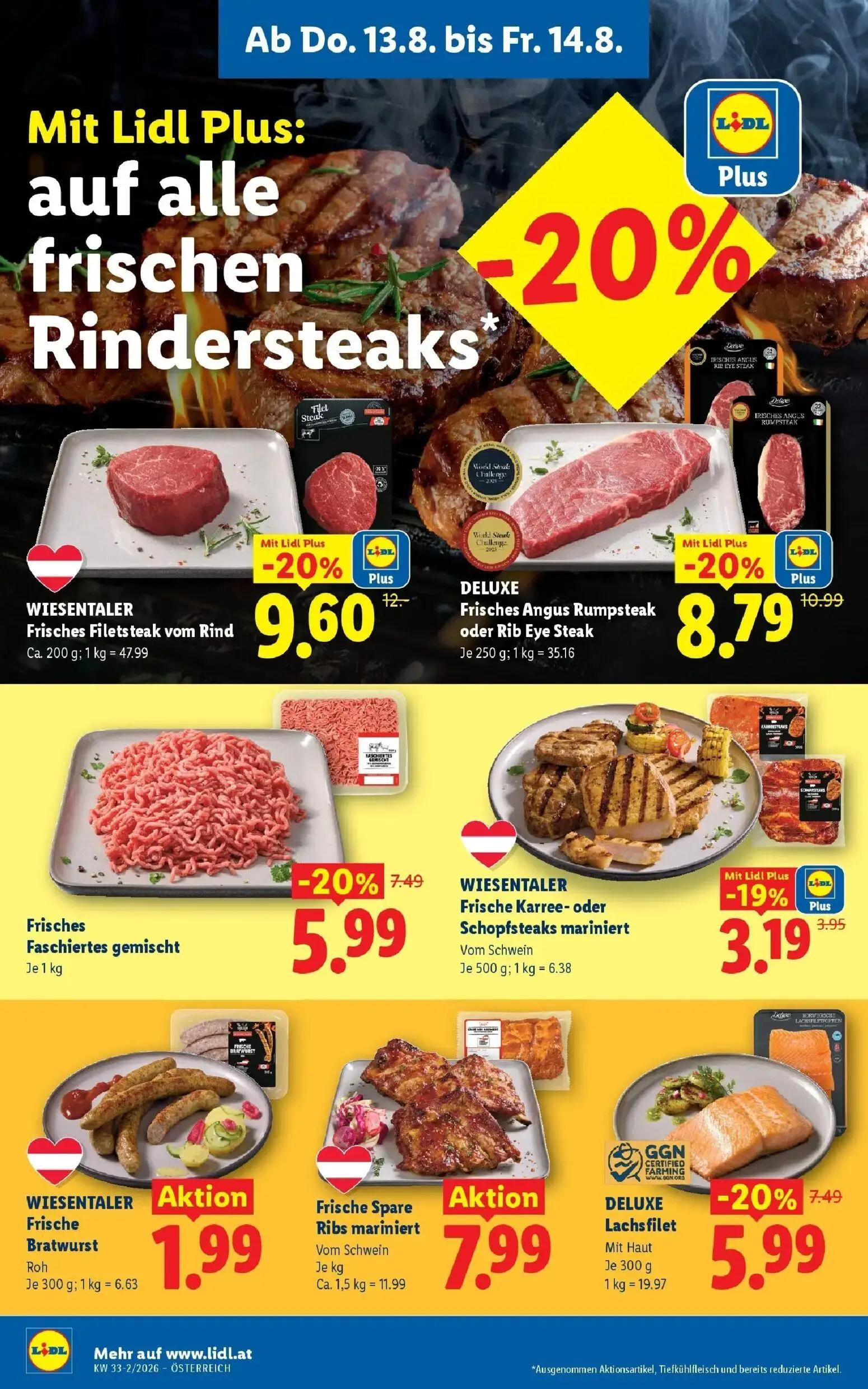 Lidl Prospekt, Seite 8 von 51 — Frisches Filetsteak vom Rind, Frisches Angus Rumpsteak oder Rib Eye Steak, Faschiertes gemis…