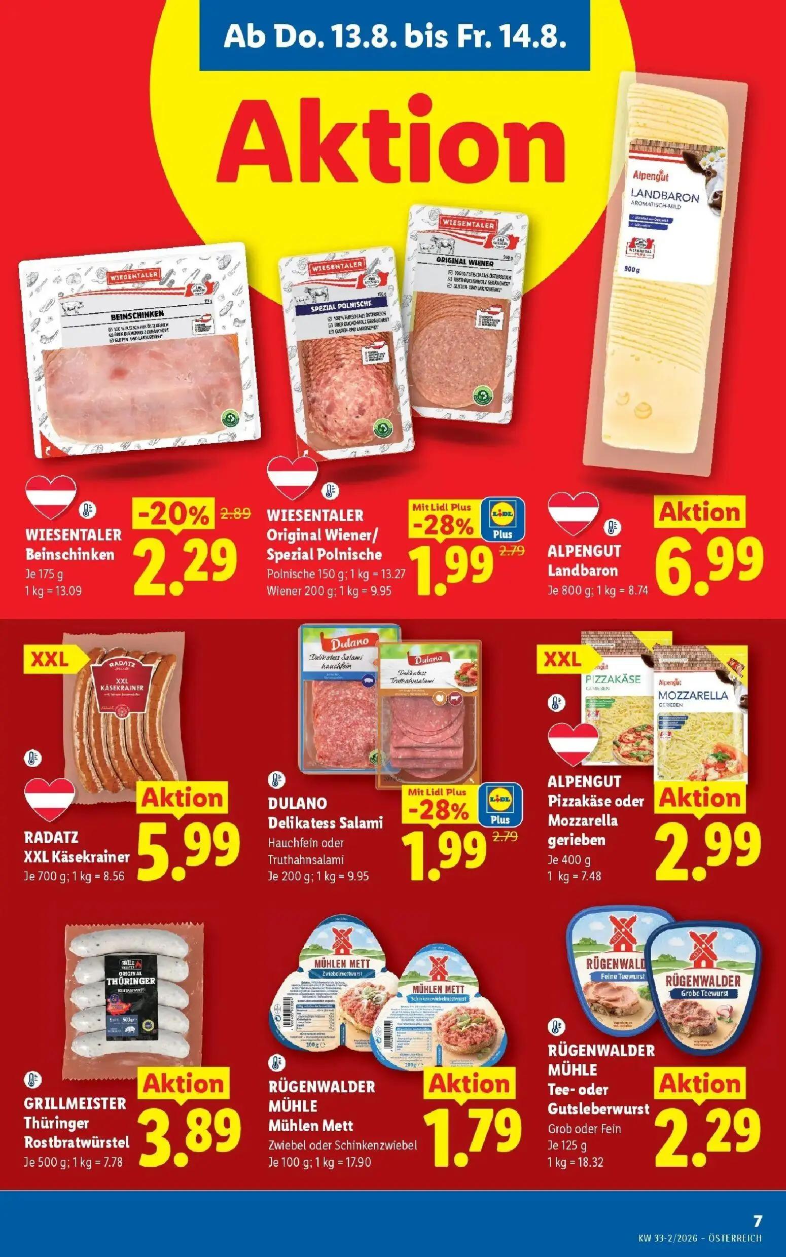 Lidl Prospekt, Seite 9 von 51 — WIESENTALER Original Wiener/Spezial Polnische, DULANO Delikatess Salami Hauchfein oder Truth…