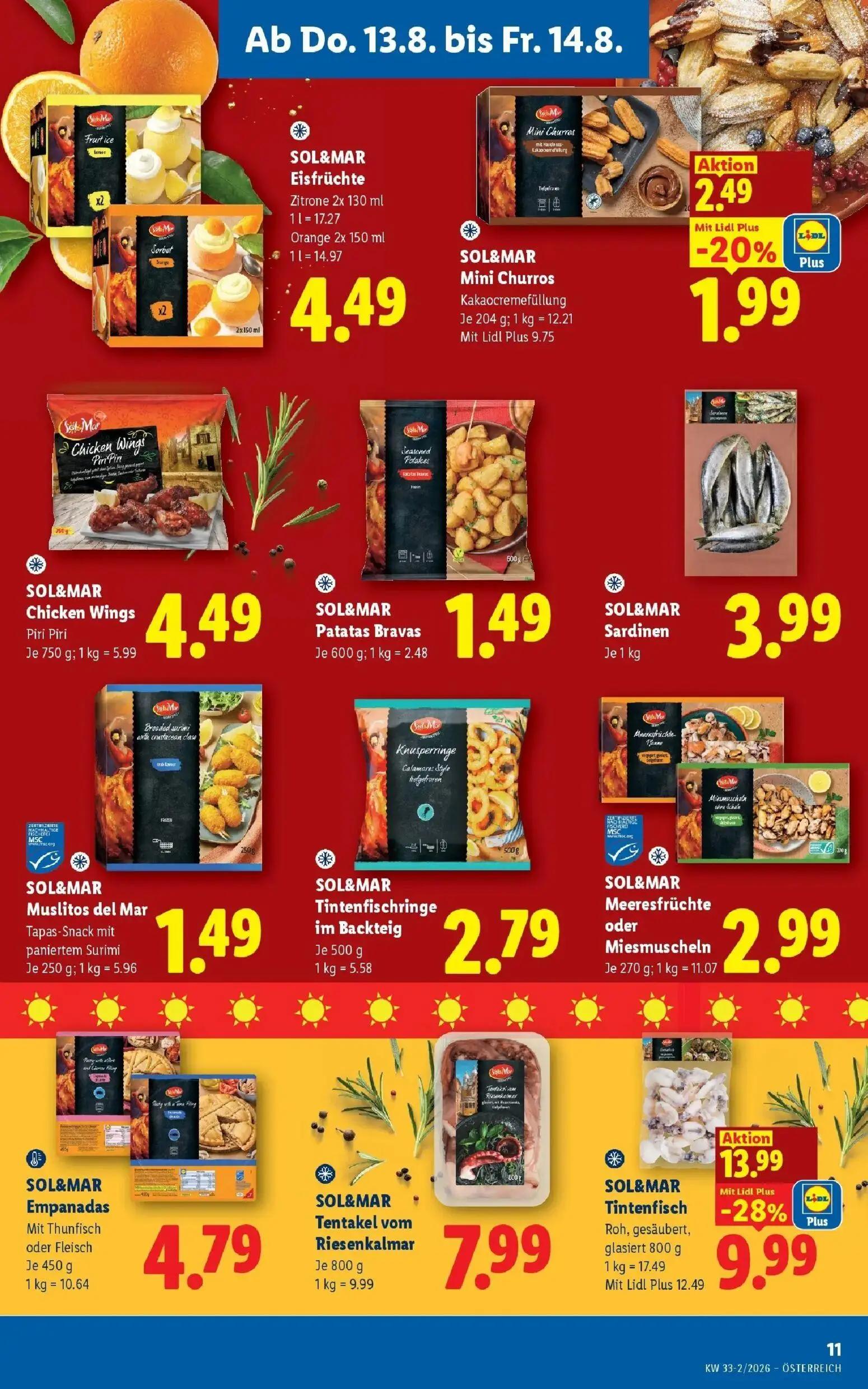Lidl Prospekt, Seite 13 von 51 — SOL&MAR Tintenfisch, SOL&MAR Mini Churros Kakaocremefüllung, SOL&MAR Eisfrüchte Zitrone