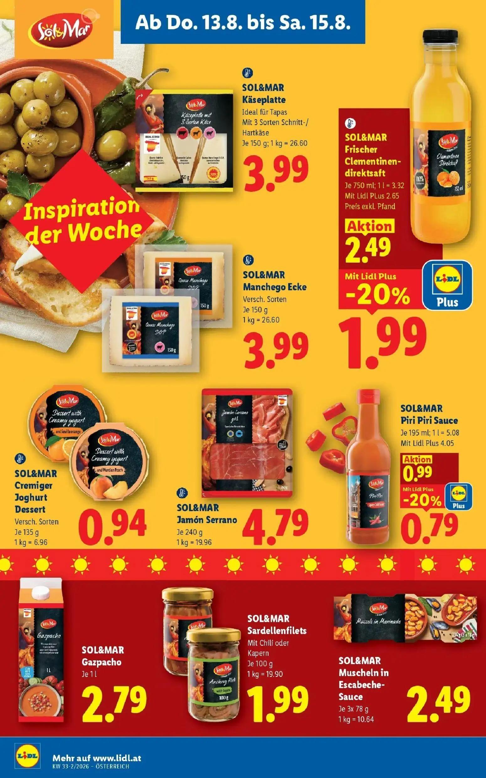 Lidl Prospekt, Seite 14 von 51 — Frischer Clementinendirektsaft, Piri Piri Sauce, Käseplatte