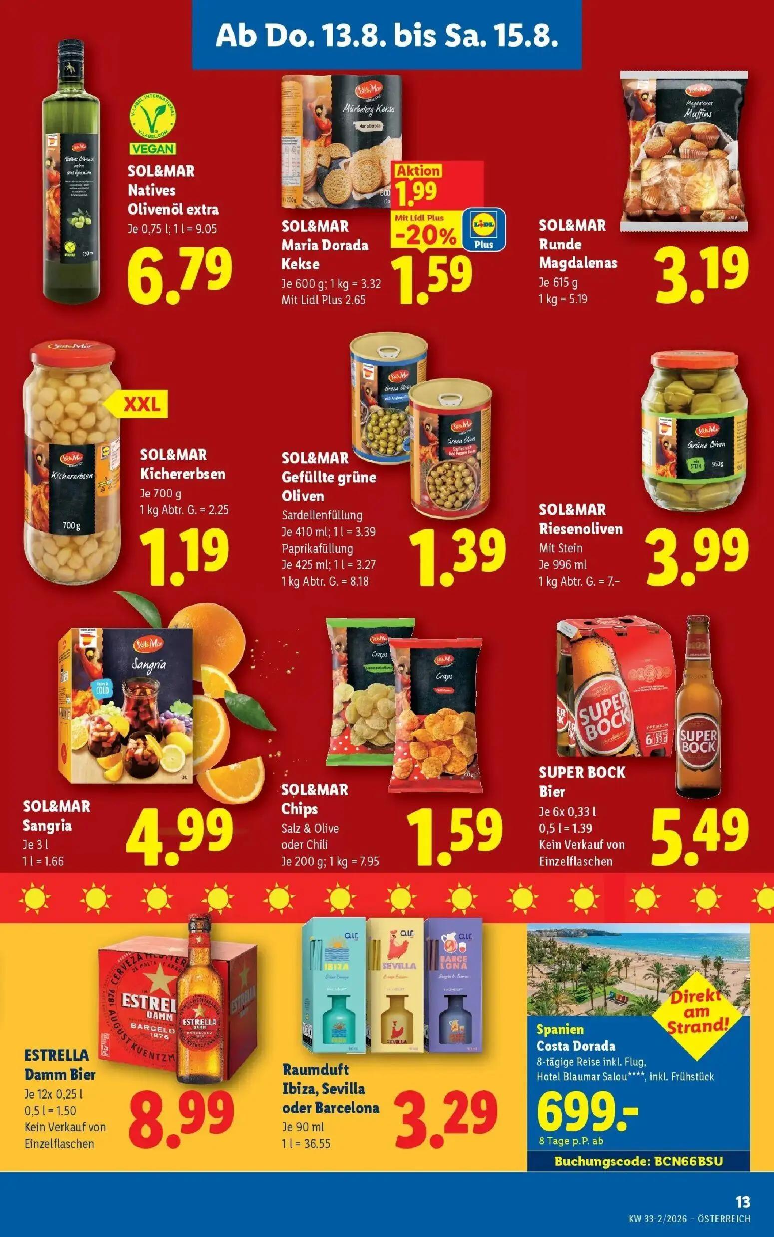 Lidl Prospekt, Seite 15 von 51 — SOL&MAR Maria Dorada Kekse, SOL&MAR Natives Olivenöl extra, SOL&MAR Runde Magdalenas