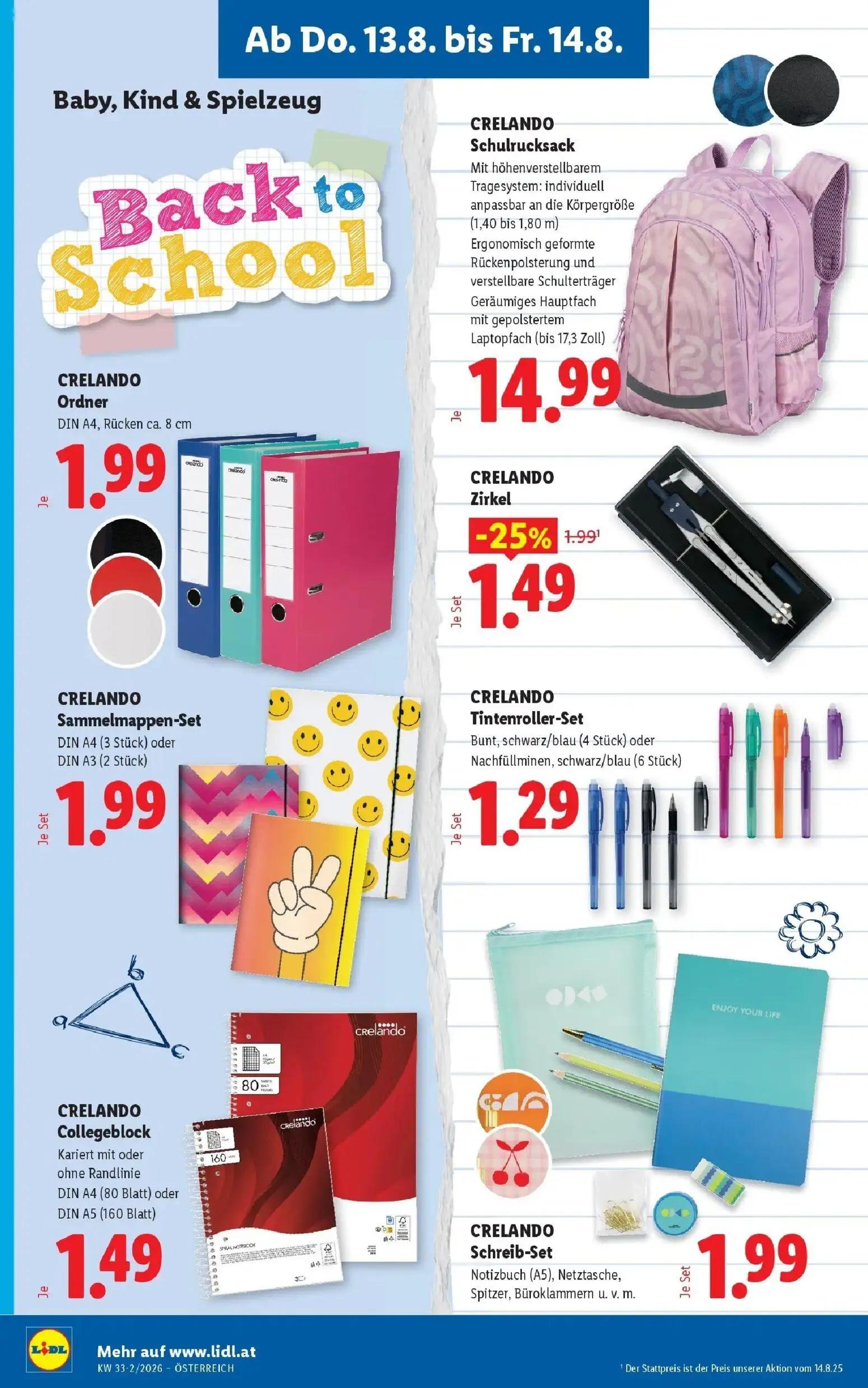 Lidl Prospekt, Seite 20 von 51 — Zirkel, Ordner, Schulrucksack