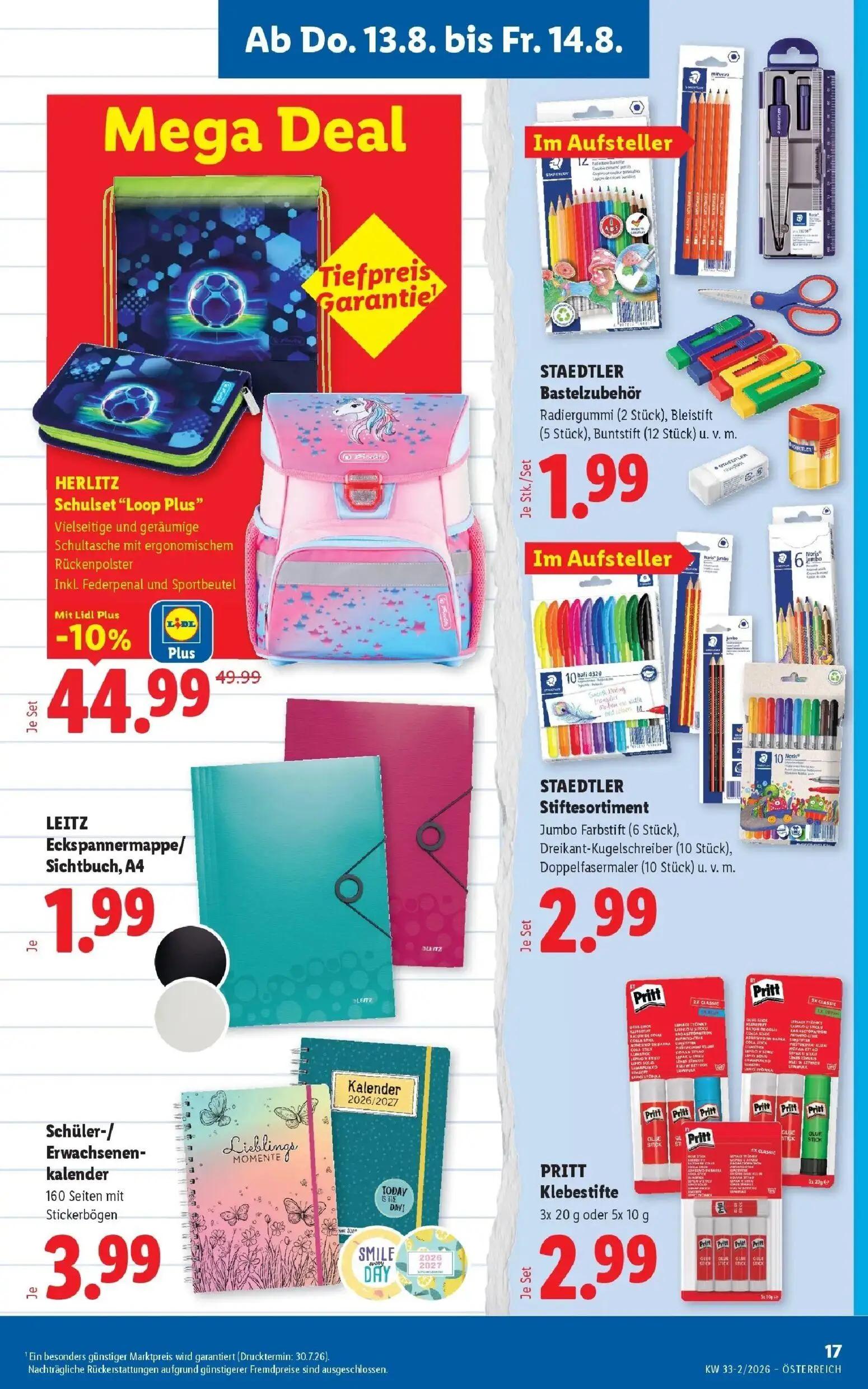Lidl Prospekt, Seite 21 von 51 — HERLITZ Schulset "Loop Plus", STAEDTLER Bastelzubehör Radiergummi, Bleistift, Buntstift, LE…