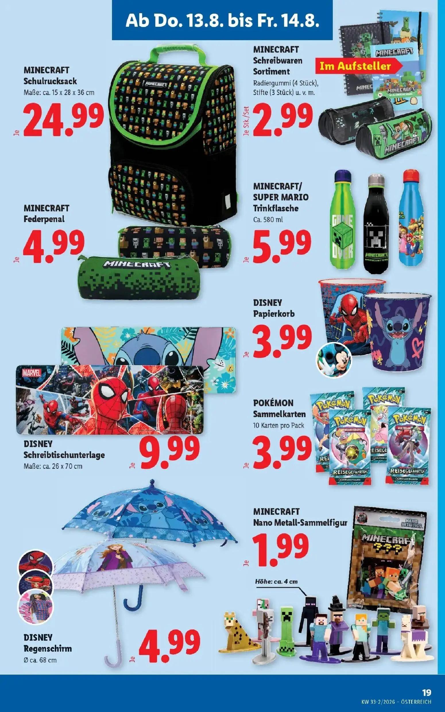 Lidl Prospekt, Seite 23 von 51 — MINECRAFT Schulrucksack, MINECRAFT Schreibwaren Sortiment, MINECRAFT Federpenal