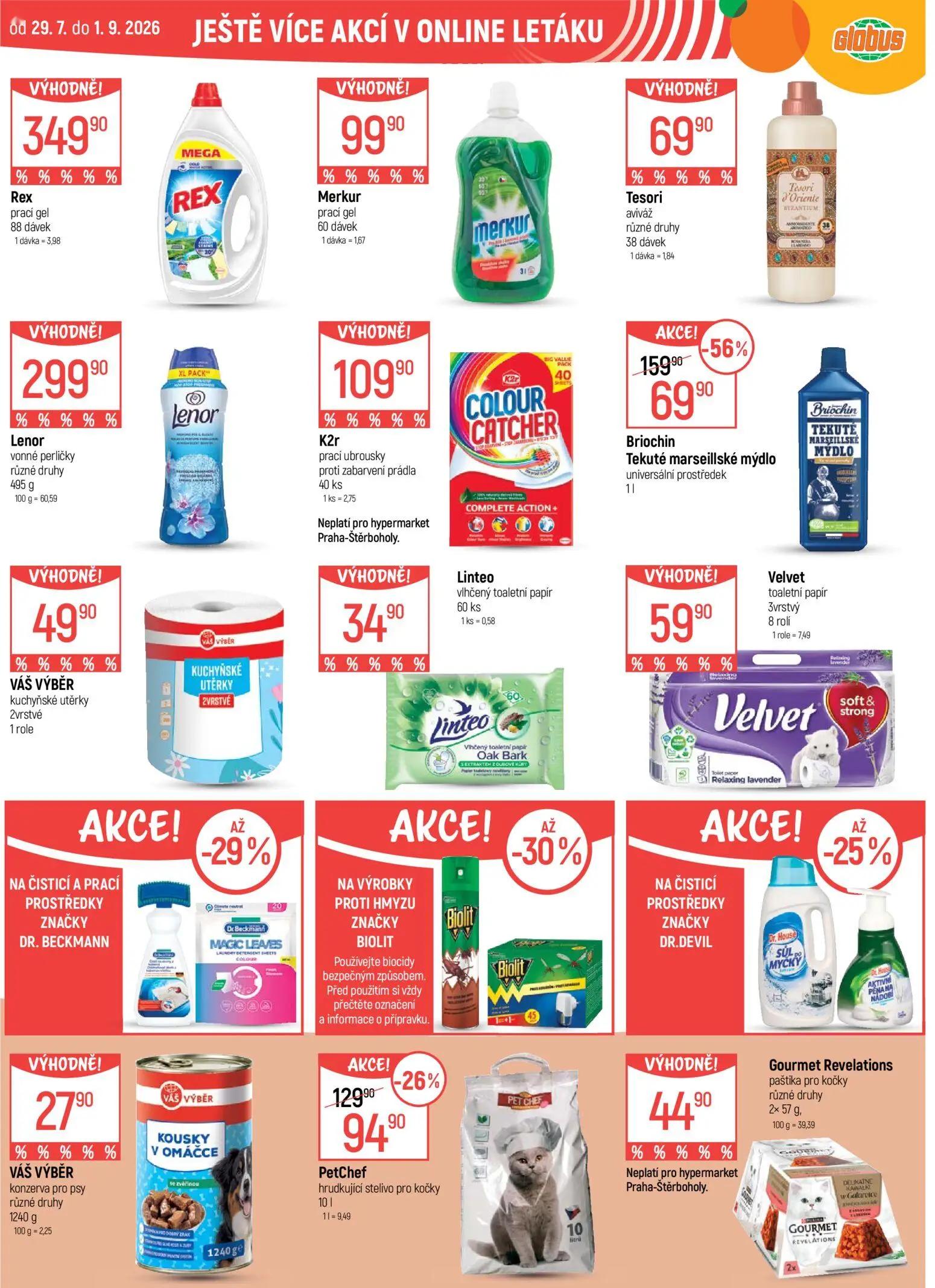 GLOBUS leták, strana 47 z 50 — Briochin Tekuté marseillské mýdlo, PetChef hrudkující stelivo pro kočky, Rex prací gel