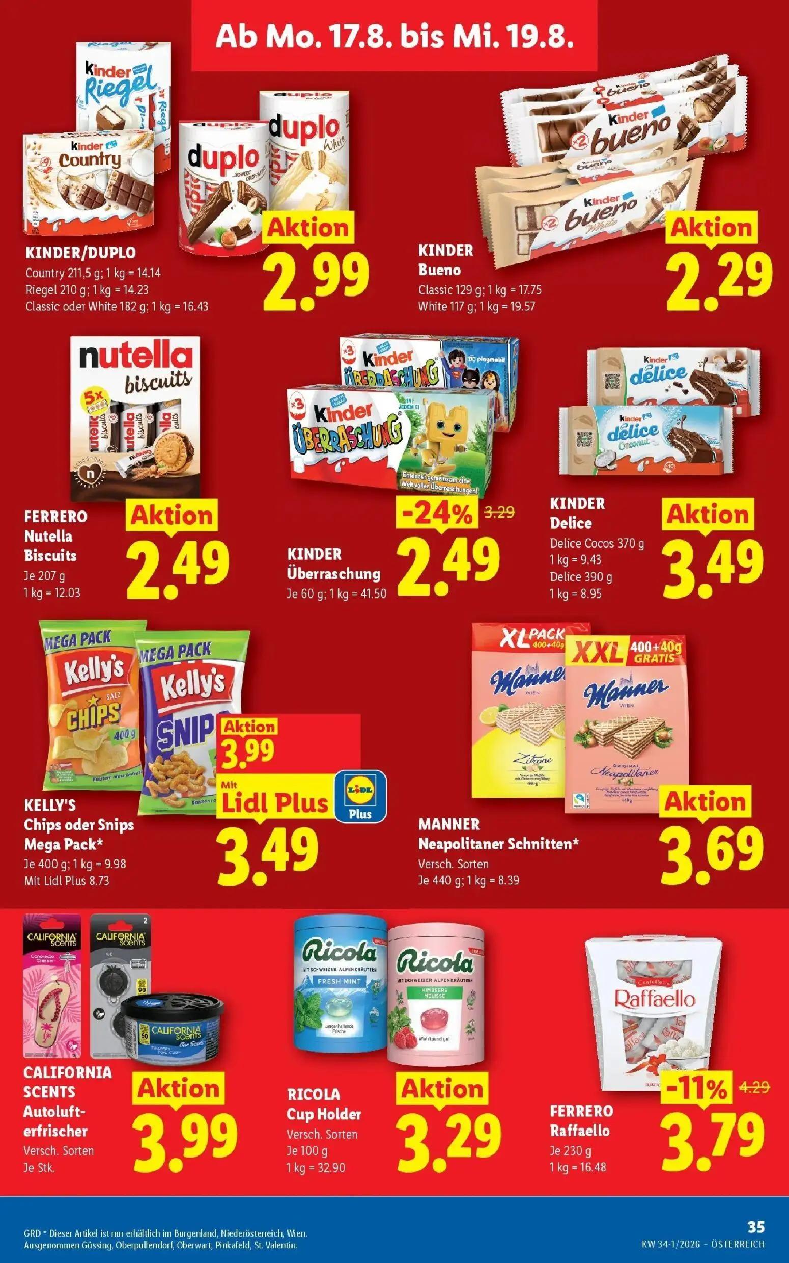 Lidl Prospekt, Seite 44 von 51 — KINDER Überraschung, KELLY'S Chips oder Snips Mega Pack, FERRERO Raffaello