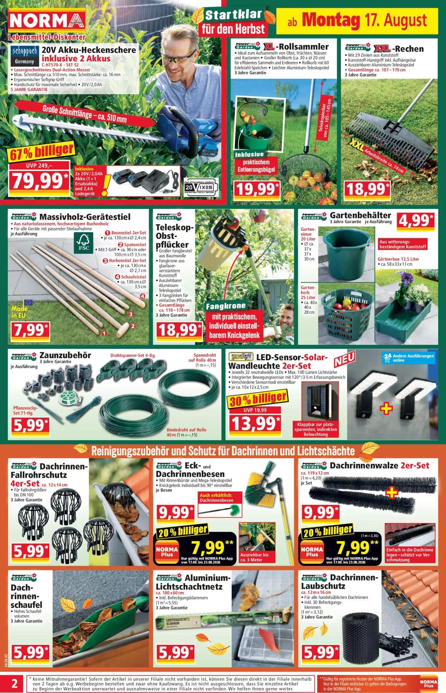 Norma Prospekt, Seite 2 von 18 — 20V Akku-Heckenschere inklusive 2 Akkus, LED-Sensor-Solar-Wandleuchte 2er-Set, Eck- und Dac…