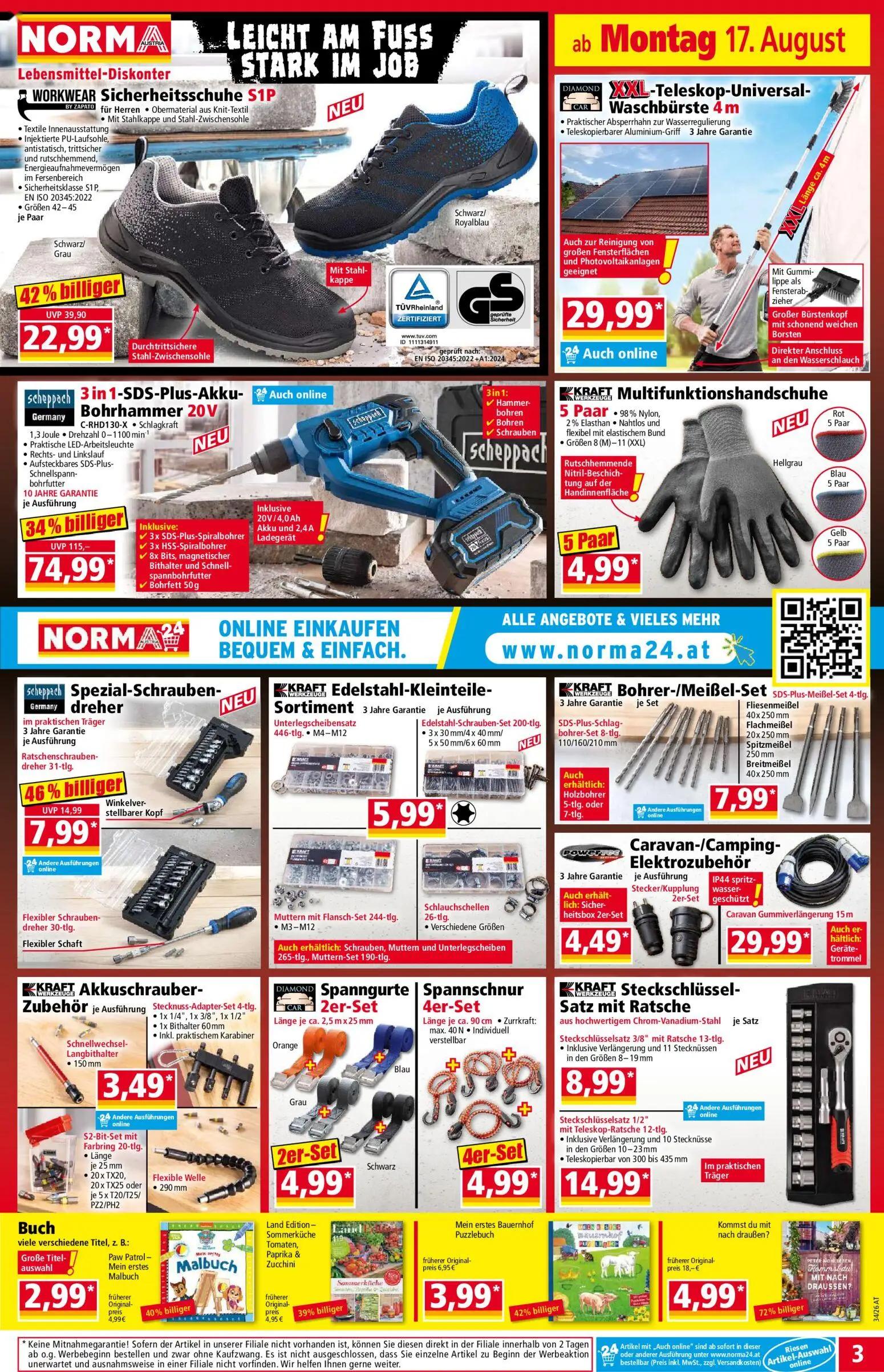 Norma Prospekt, Seite 3 von 18 — 3 in 1-SDS-Plus-Akku-Bohrhammer, WORKWEAR Sicherheitsschuhe S1P, Buch Kommst du mit nach dr…