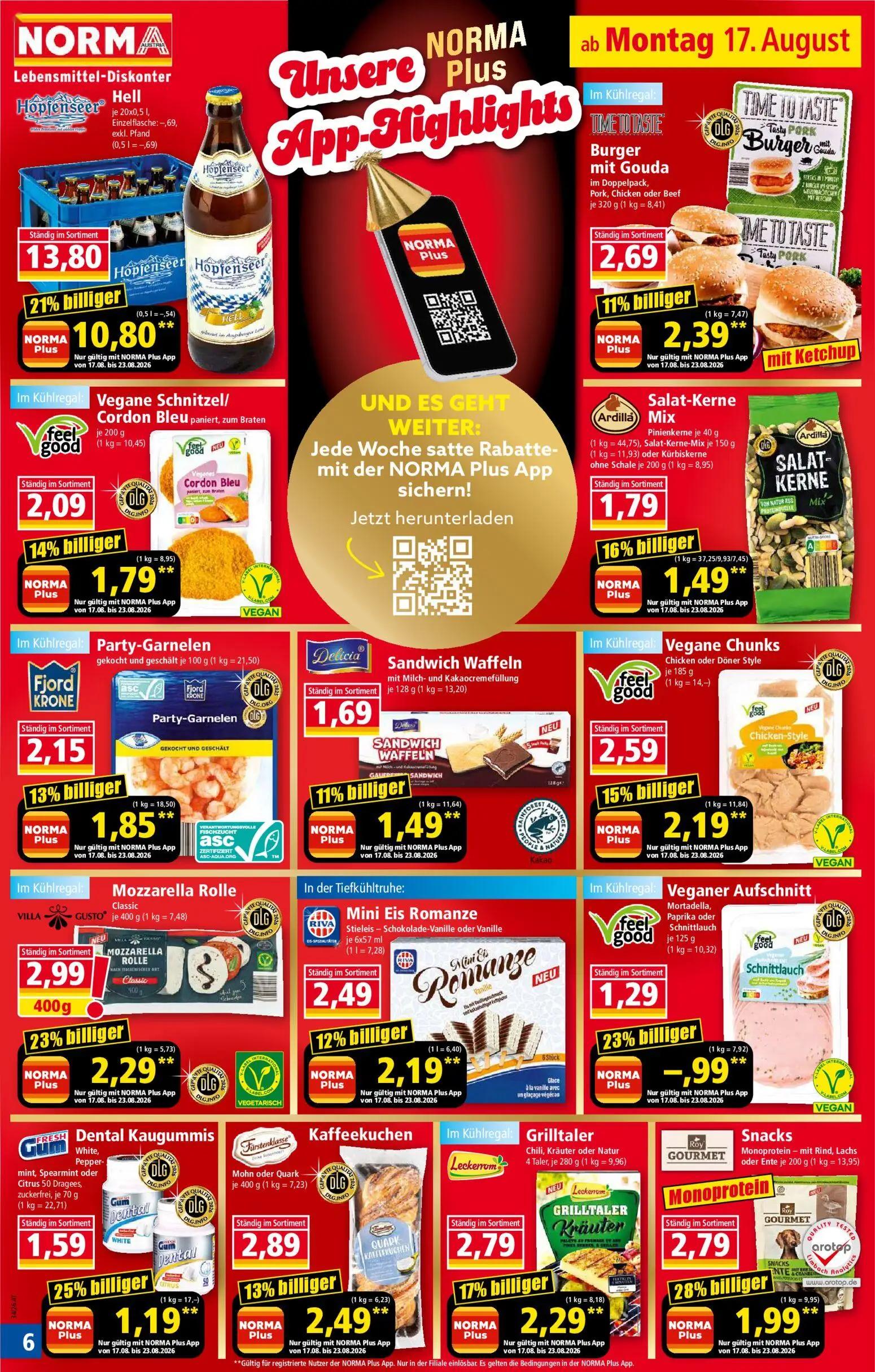 Norma Prospekt, Seite 6 von 18 — Hopfenseer Hell, Monoprotein Snacks, Mozzarella Rolle Classic
