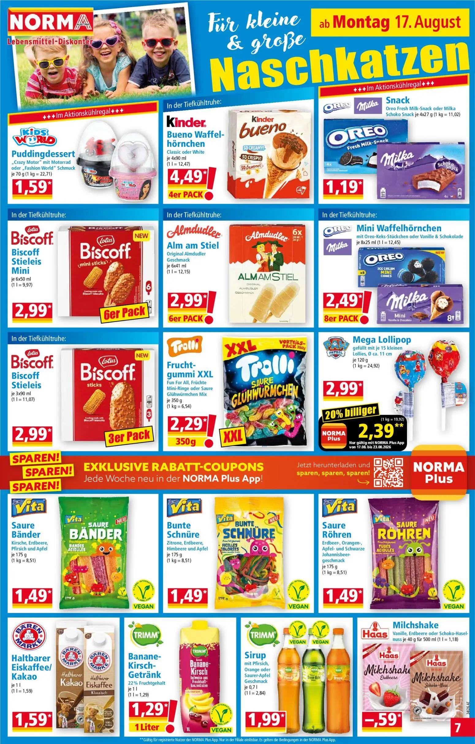 Norma Prospekt, Seite 7 von 18 — Mega Lollipop, Puddingdessert, Kinder. Bueno Waffelhörnchen