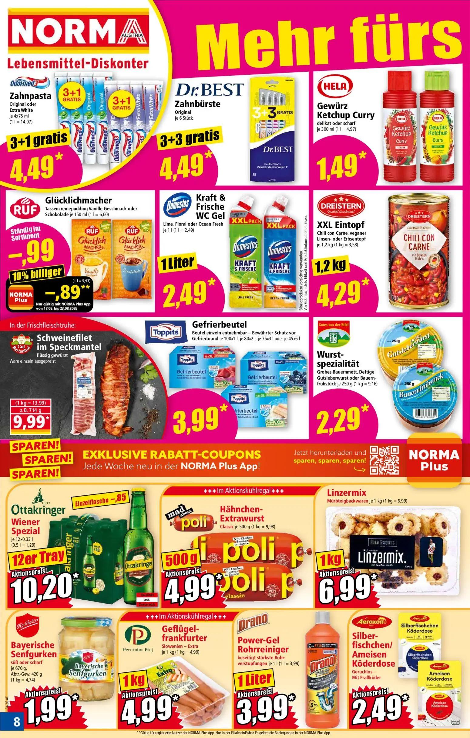 Norma Prospekt, Seite 8 von 18 — Glücklichmacher Tassencremepudding Vanille Geschmack oder Schokolade, Zahnpasta Original od…