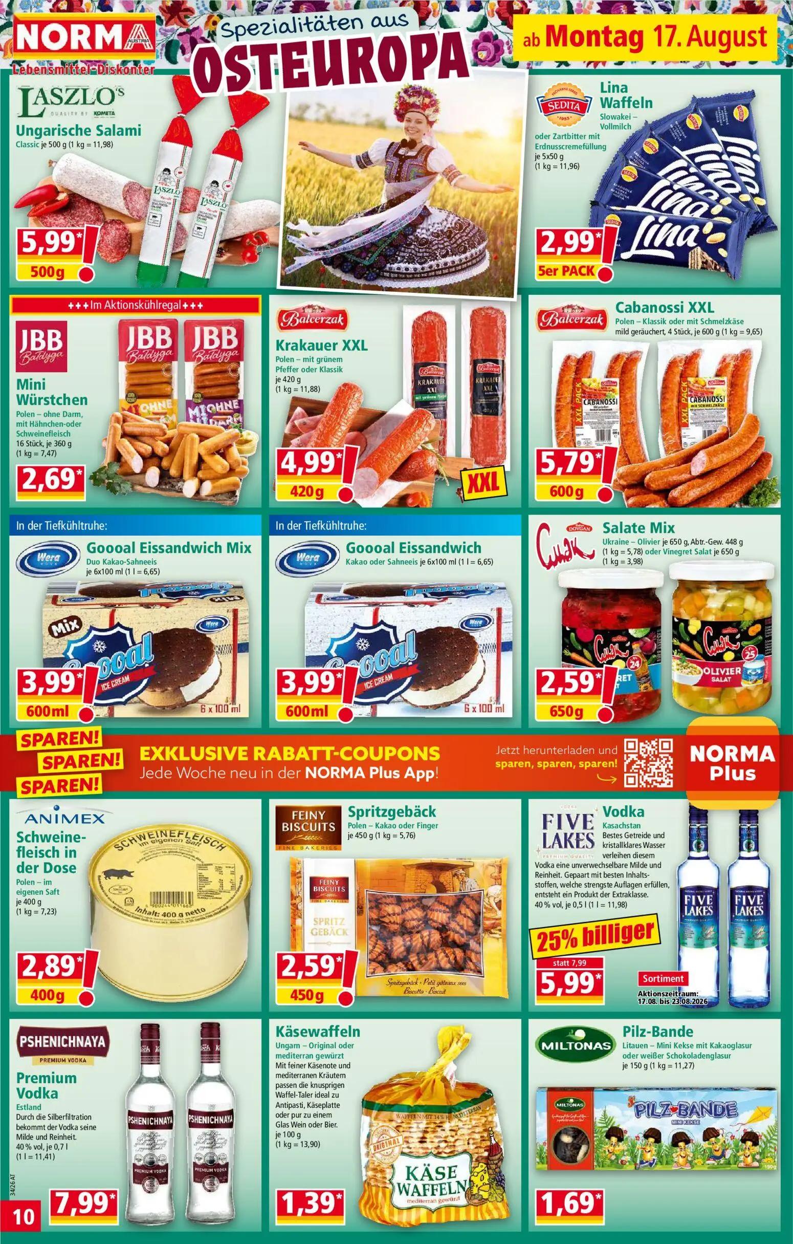 Norma Prospekt, Seite 10 von 18 — Premium Vodka, Ungarische Salami, Lina Waffeln
