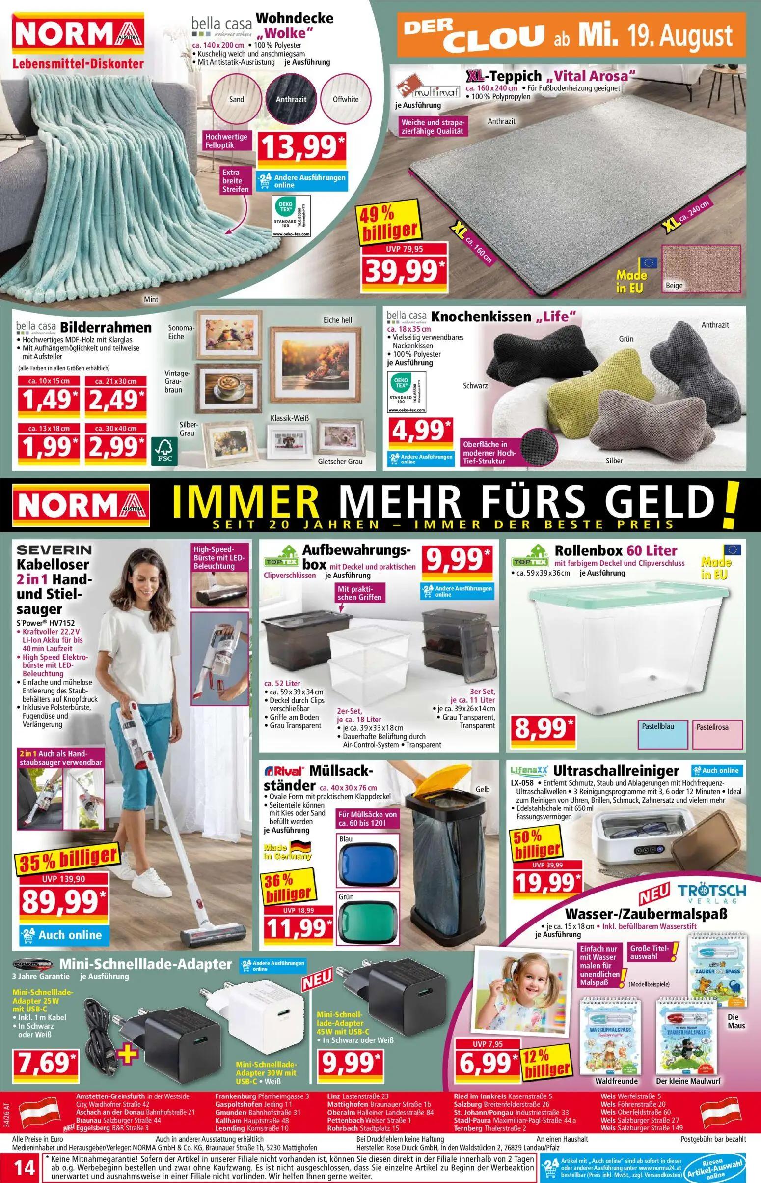 Norma Prospekt, Seite 14 von 18 — Kabelloser 2 in 1 Hand- und Stiel- sauger, XL-Teppich „Vital Arosa", Ultraschallreiniger