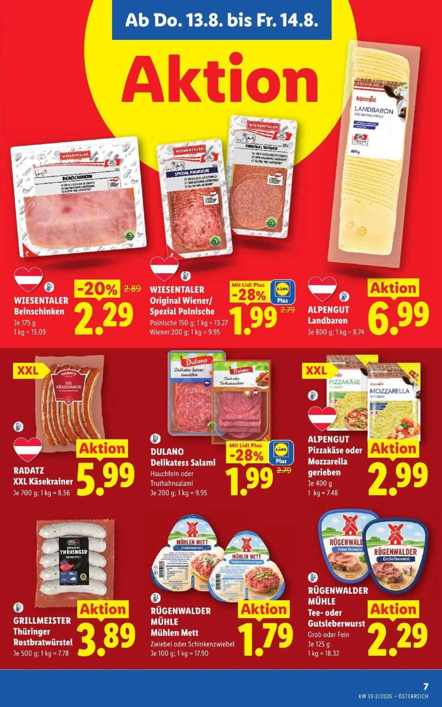 Lidl Prospekt, Seite 9 von 51 — WIESENTALER Original Wiener/Spezial Polnische, DULANO Delikatess Salami Hauchfein oder Truth…