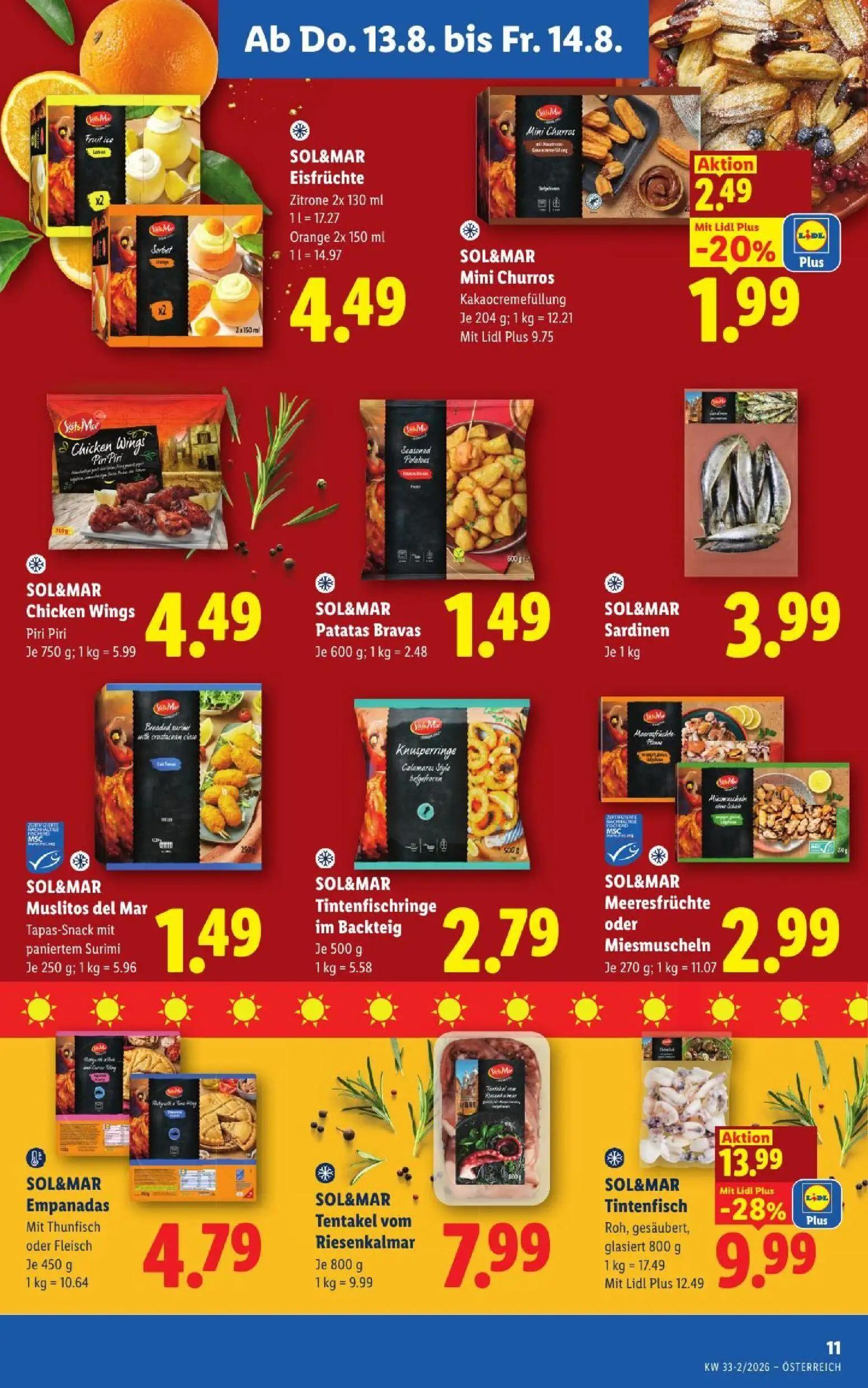 Lidl Prospekt, Seite 13 von 51 — Tintenfisch, Mini Churros, Eisfrüchte