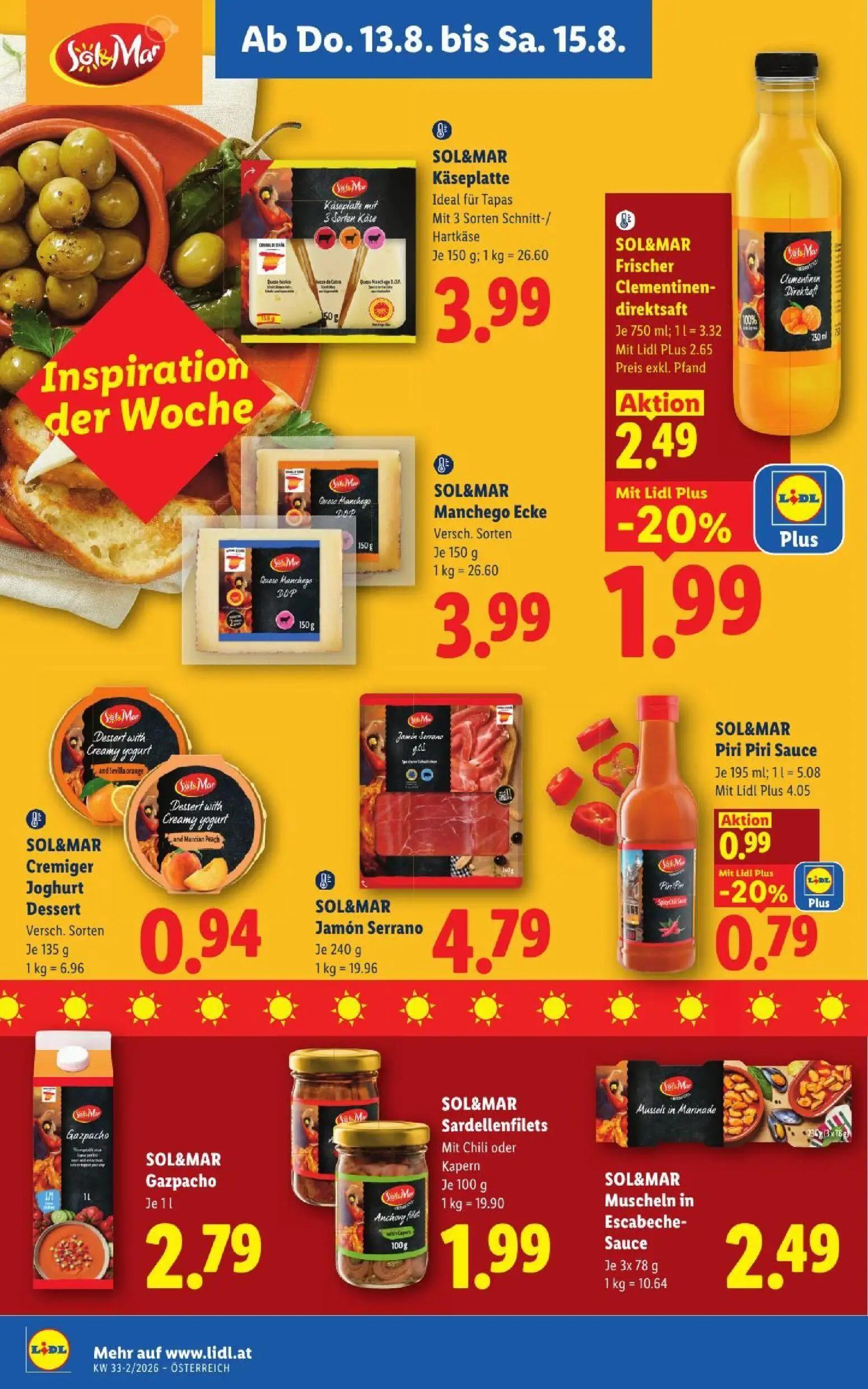 Lidl Prospekt, Seite 14 von 51 — Frischer Clementinendirektsaft, Piri Piri Sauce, Käseplatte