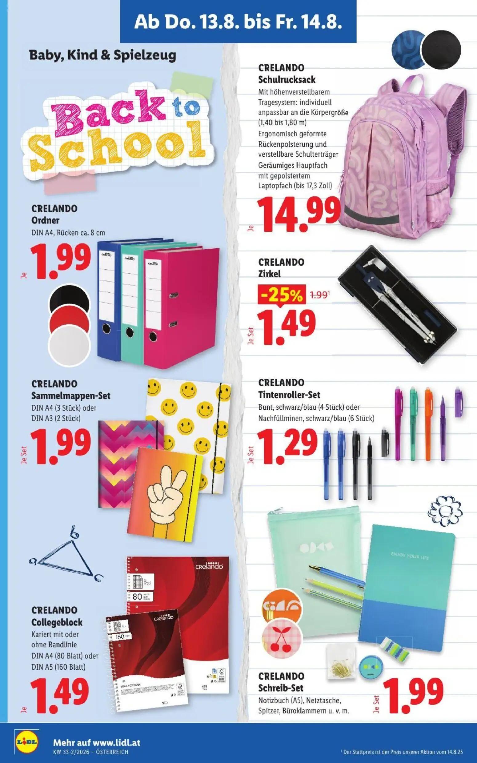 Lidl Prospekt, Seite 20 von 51 — CRELANDO Zirkel, CRELANDO Schulrucksack, CRELANDO Ordner