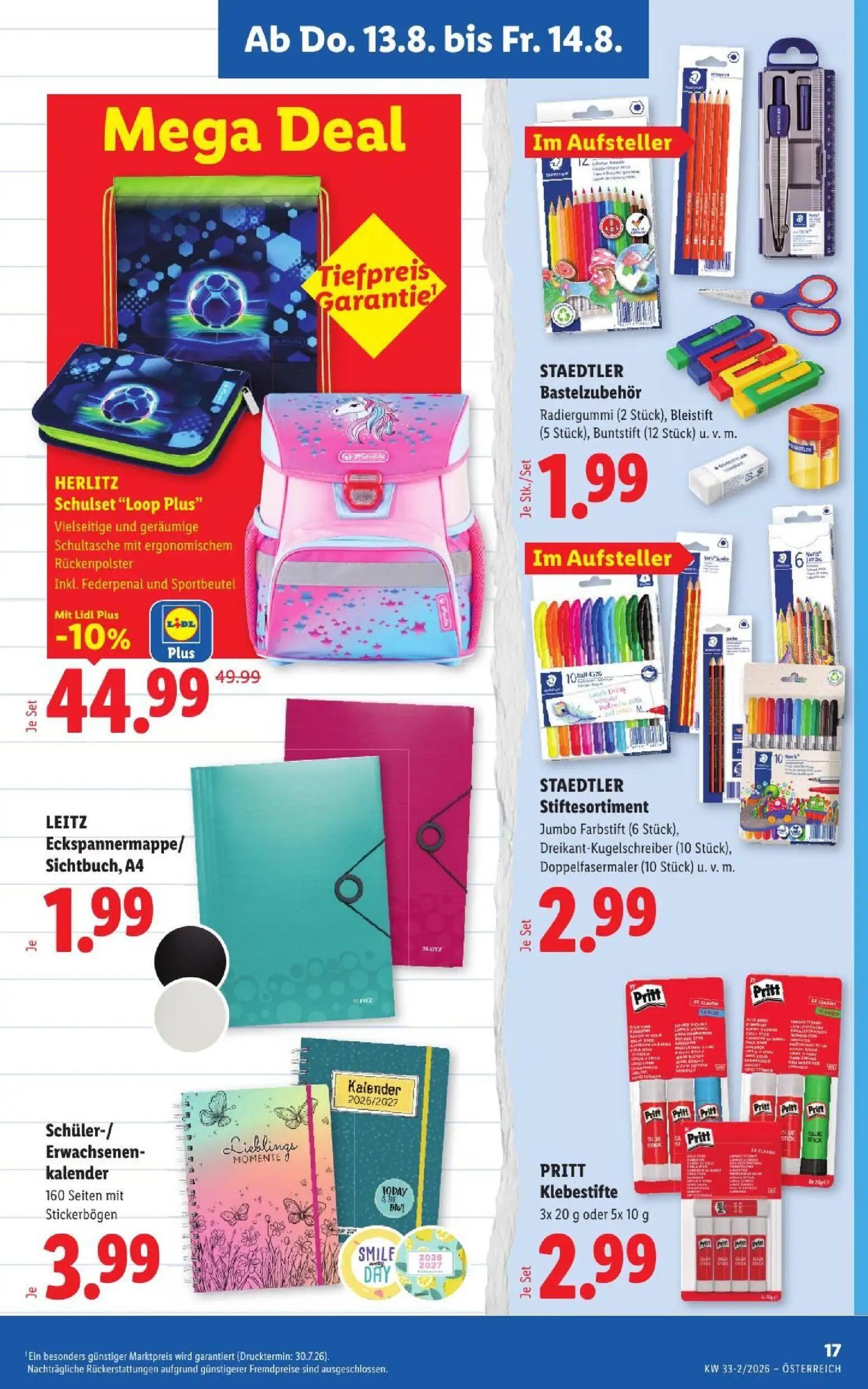 Lidl Prospekt, Seite 21 von 51 — HERLITZ Schulset "Loop Plus", STAEDTLER Bastelzubehör, LEITZ Eckspannermappe/ Sichtbuch, A4