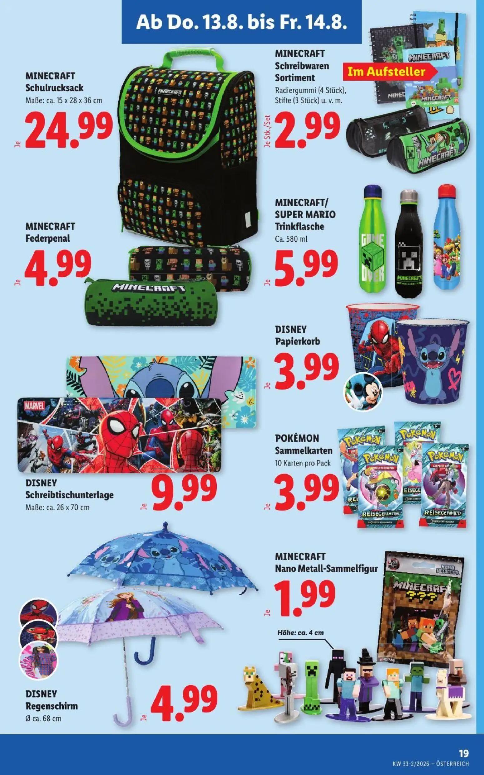 Lidl Prospekt, Seite 23 von 51 — MINECRAFT Schulrucksack, MINECRAFT Federpenal, MINECRAFT Schreibwaren Sortiment