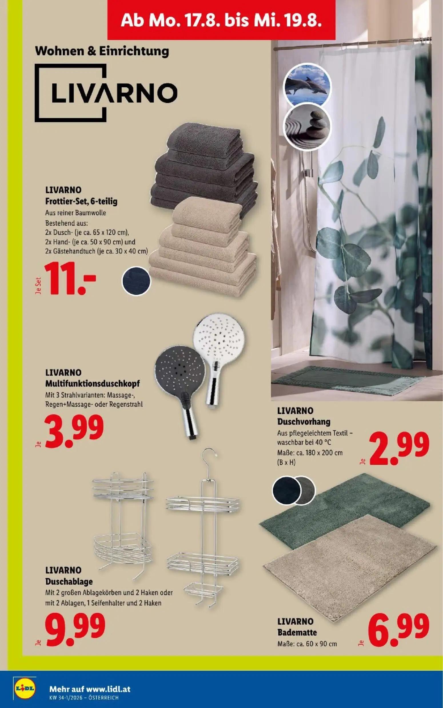 Lidl Prospekt, Seite 35 von 51 — LIVARNO Frottier-Set, 6-teilig, LIVARNO Multifunktionsduschkopf, LIVARNO Duschvorhang