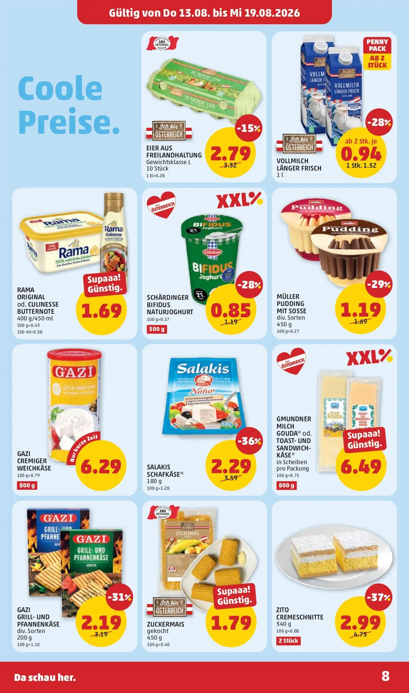 PENNY Prospekt, Seite 8 von 32 — EIER AUS FREILANDHALTUNG Gewichtsklasse L 10 Stück, VOLLMILCH LÄNGER FRISCH, RAMA ORIGINAL …