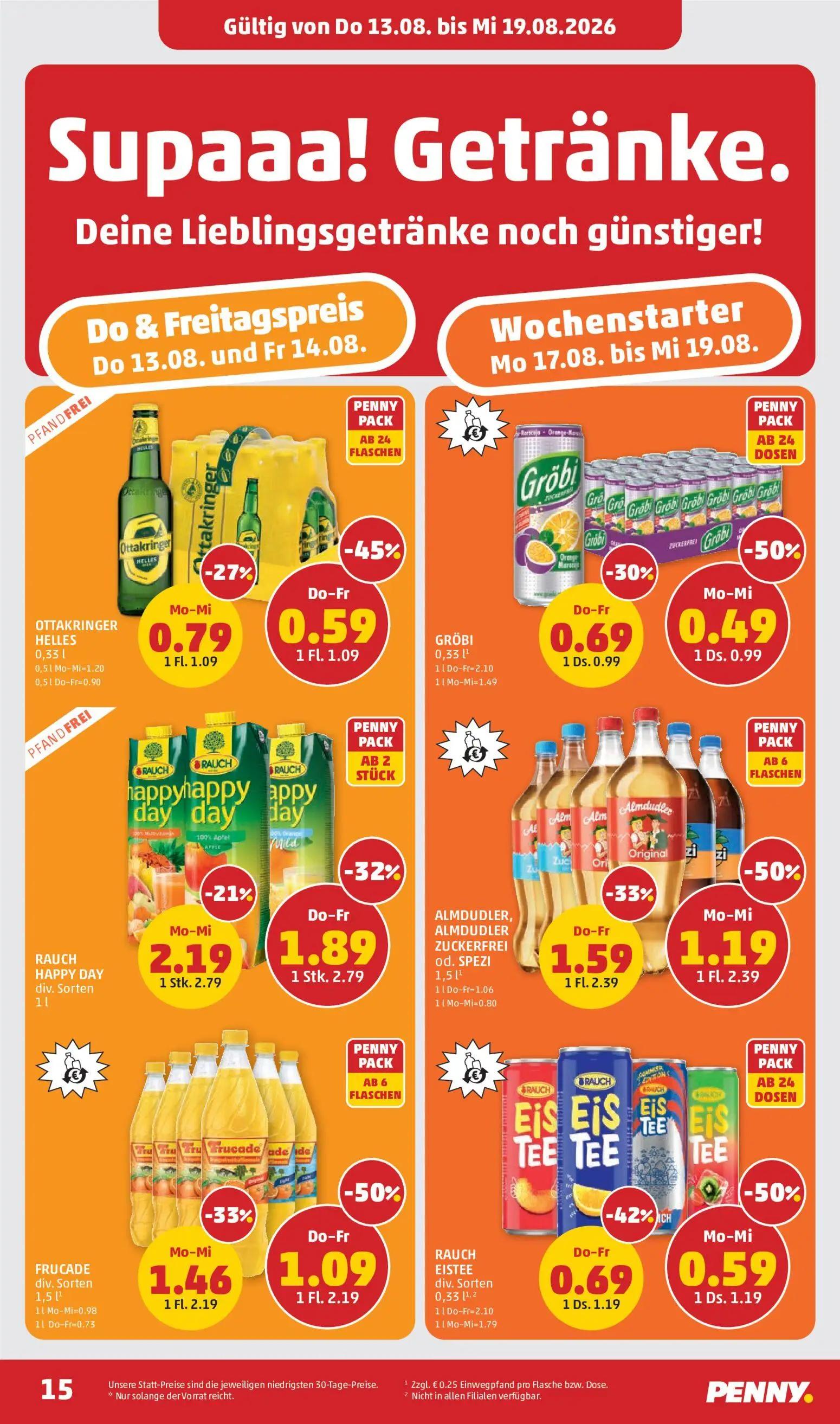 PENNY Prospekt, Seite 15 von 32 — ALMDUDLER, ALMDUDLER ZUCKERFREI od. SPEZI, RAUCH HAPPY DAY, RAUCH EISTEE