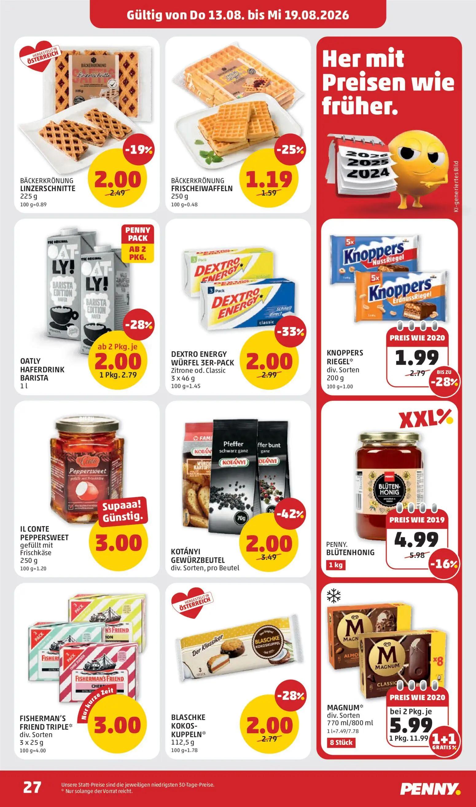 PENNY Prospekt, Seite 27 von 32 — PENNY. BLÜTENHONIG, BLASCHKE KOKOS-KUPPELN, BÄCKERKRÖNUNG LINZERSCHNITTE