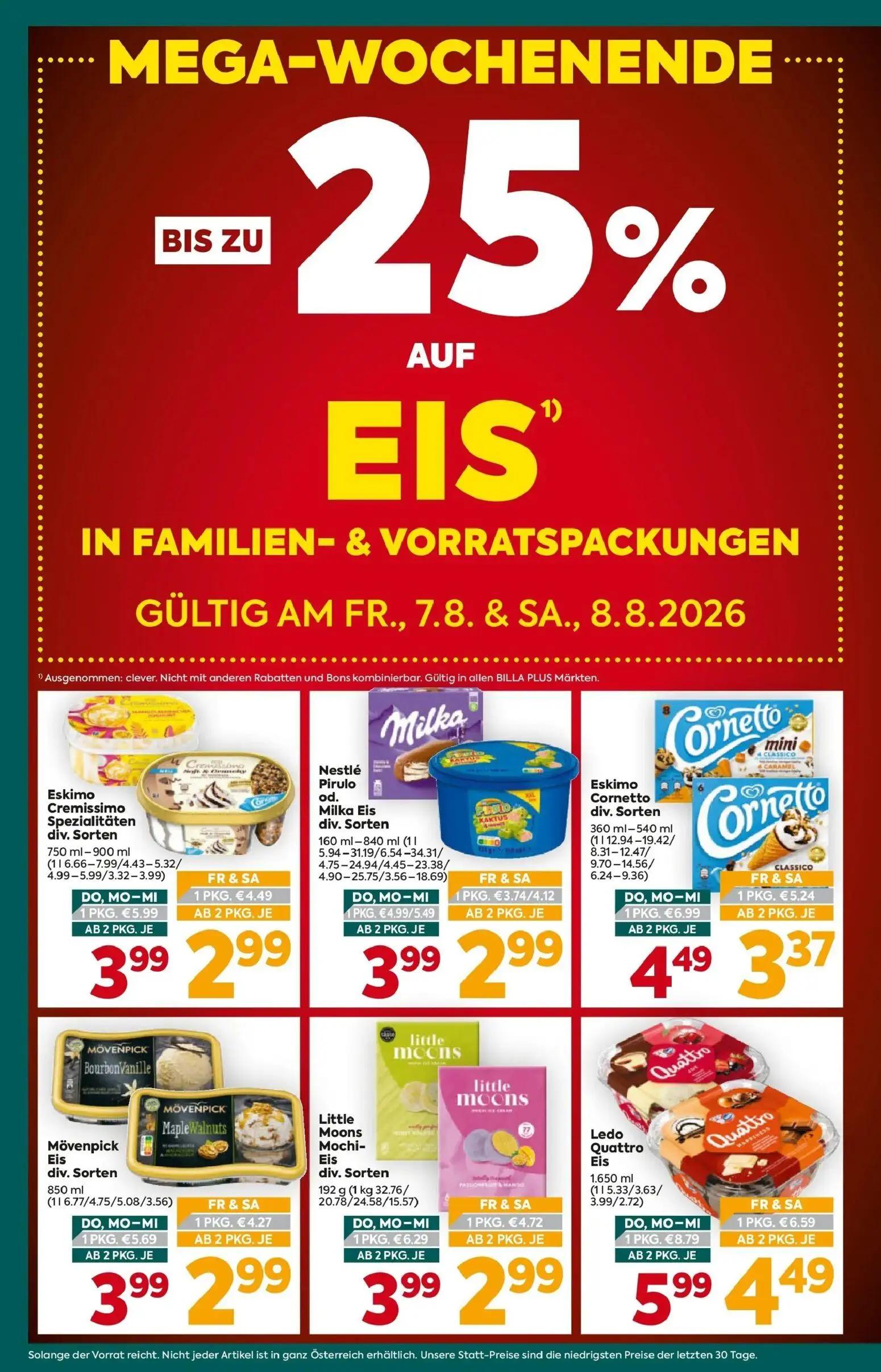 Billa Plus Prospekt, Seite 2 von 16 — Ledo Quattro Eis, Eskimo Cornetto div. Sorten, Little Moons Mochi-Eis div. Sorten