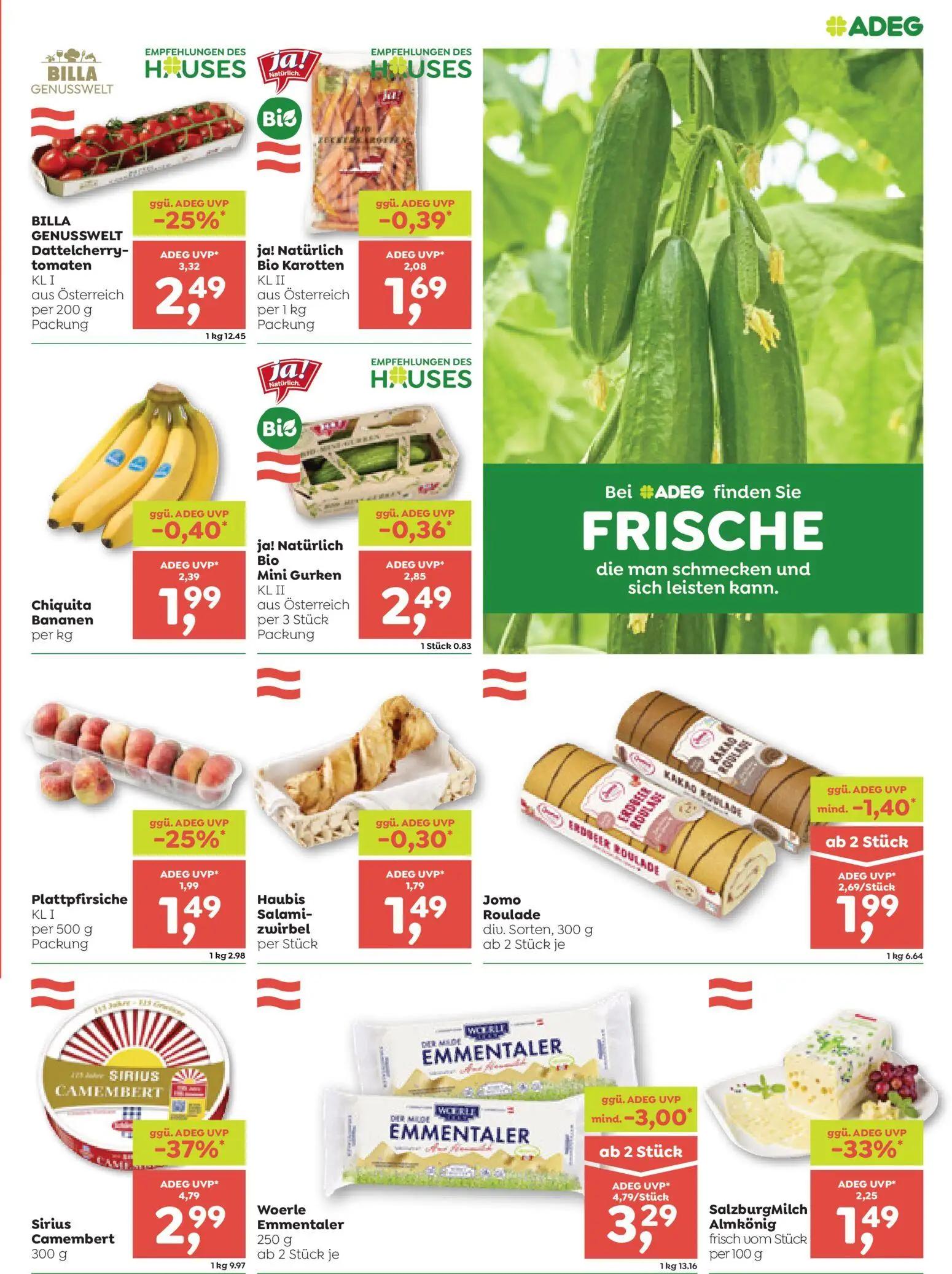 ADEG Prospekt, Seite 3 von 8 — Sirius Camembert, Woerle Emmentaler, BILLA GENUSSWELT Dattelcherry-tomaten