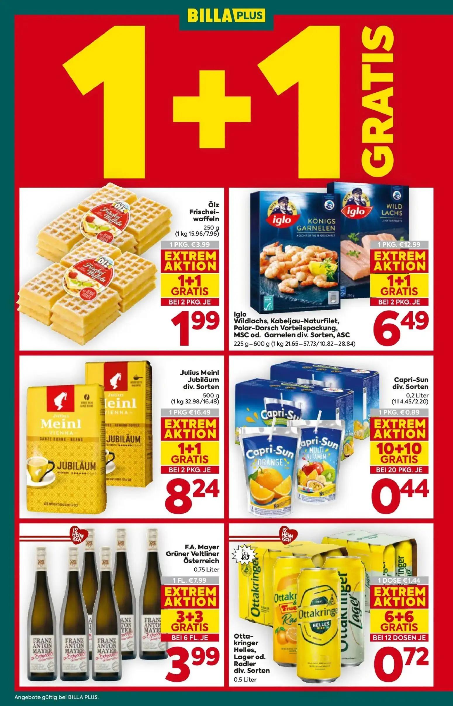 Billa Plus Prospekt, Seite 4 von 16 — Julius Meinl Jubiläum div. Sorten, Iglo Wildlachs, Kabeljau-Naturfilet, Polar-Dorsch V…
